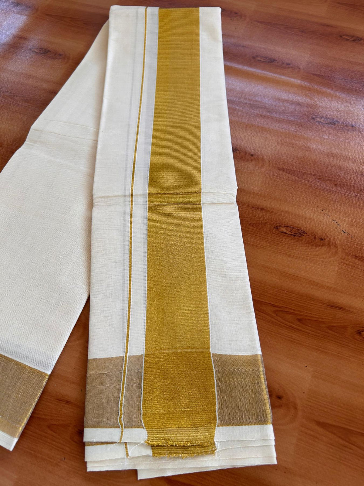 Neriyath Off White  (Unbleached) - KaithariKada -  Mixed Cotton - 2 Inch Gold Kasavu Kara - 1.70 mtr (3.64 muzham)- 10 KK5531 PMC