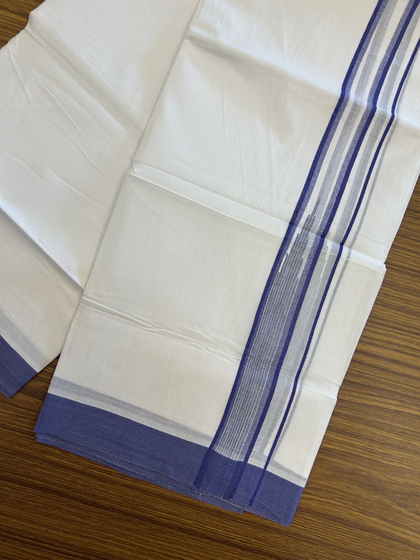 20% Discount ! Kaitharikada Balaramapuram 100% Pure Cotton Double Pure White Mundu/Dhoti - 100x80 - 1.25 inch Violet Blue Shaded Stripes Chutty 3.90 mtr (8 muzham) - 40 KK5312 PMC