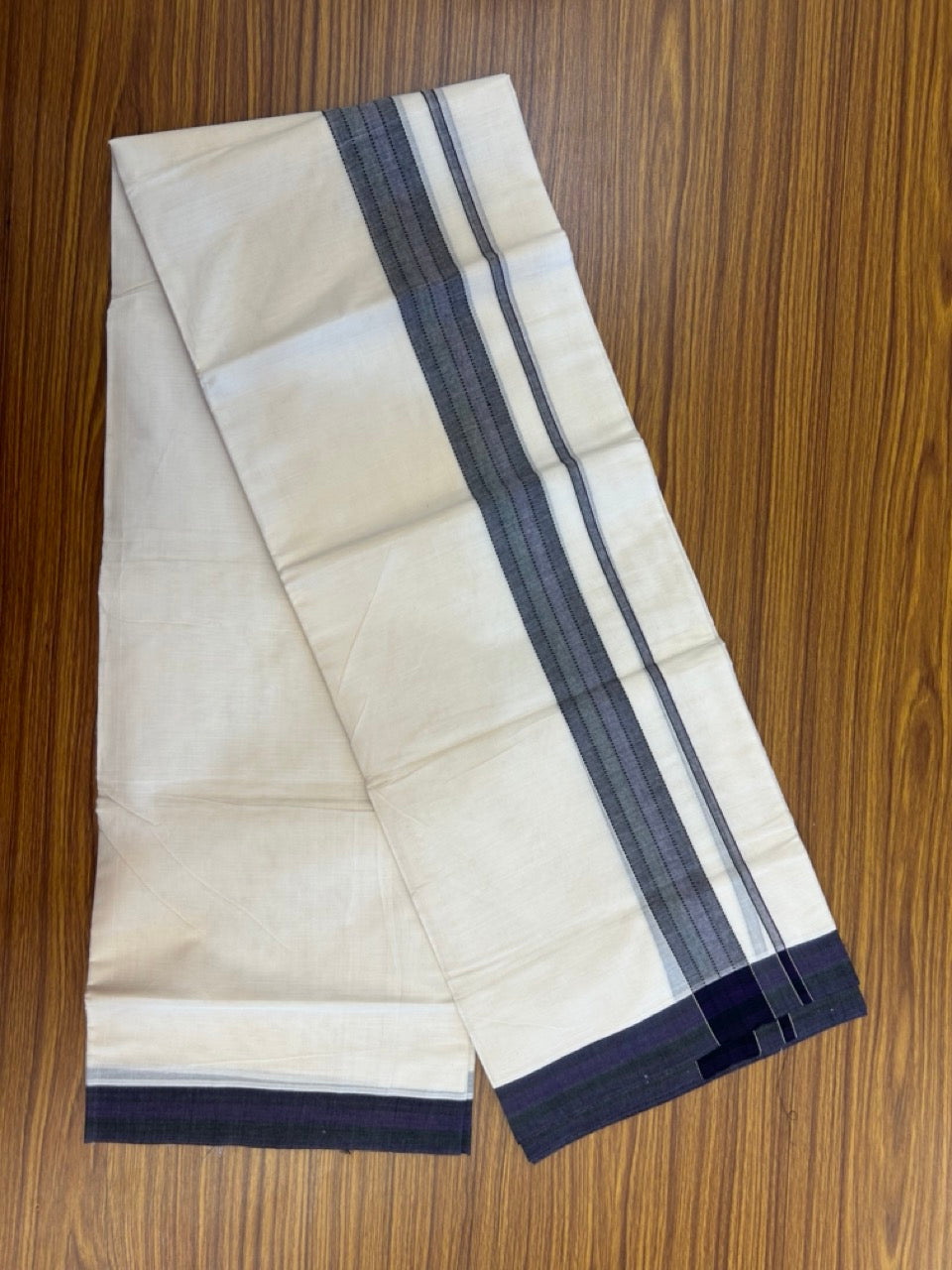 20% Discount ! Kaitharikada Balaramapuram 100% Cotton Off White Double Mundu/Dothi  - 100x80- 1.5 Inch Silver Kasav Green & Violet Shaded Kara - 4mtr (8.5muzham)- 6 KK5279 CKS