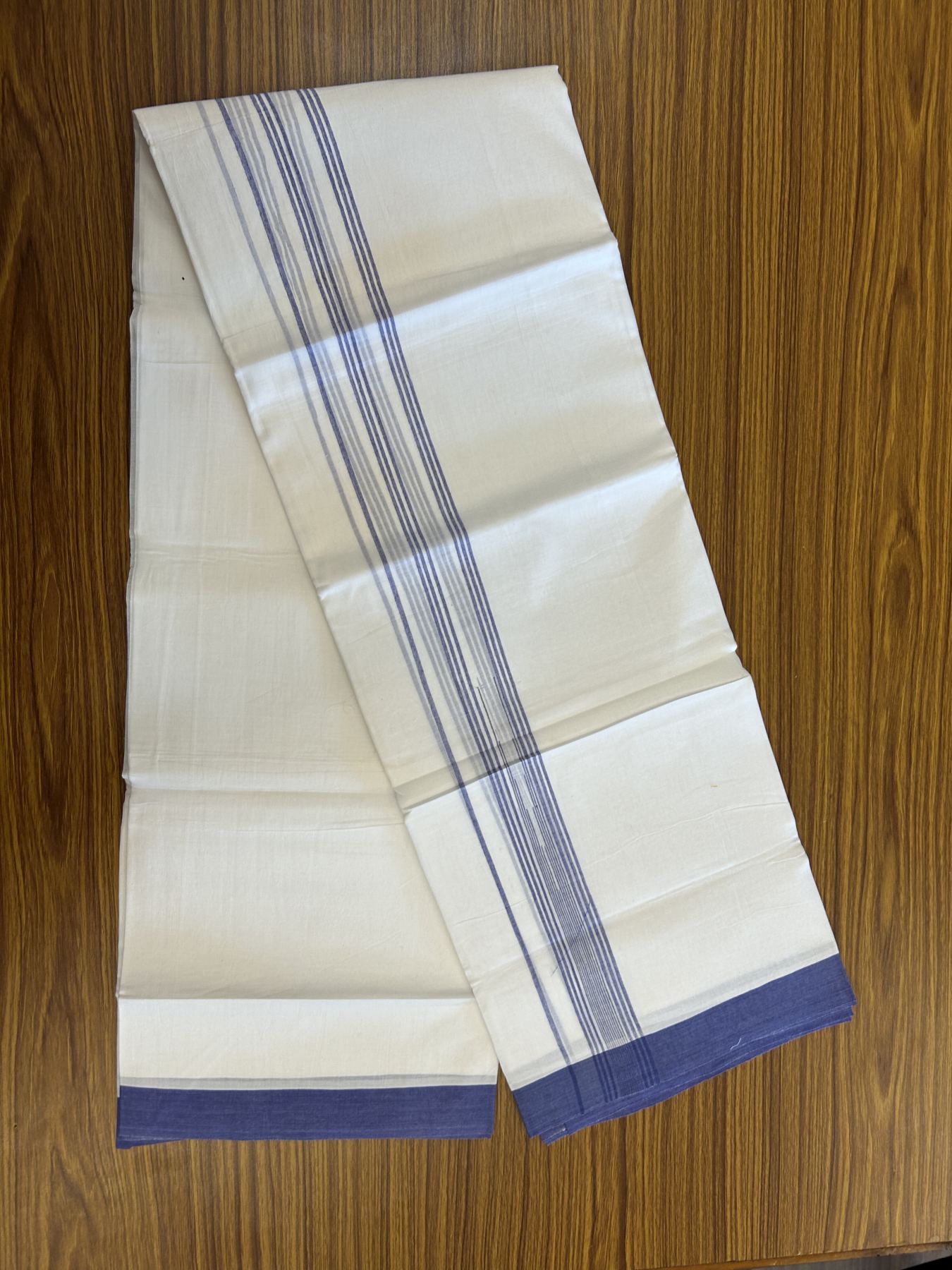 20% Discount ! Kaitharikada Balaramapuram 100% Pure Cotton Double Pure White Mundu/Dhoti - 100x80 - 1.25 inch Blue Shaded Stripes Chutty 3.90 mtr (8 muzham) - 42 KK5312 PMC