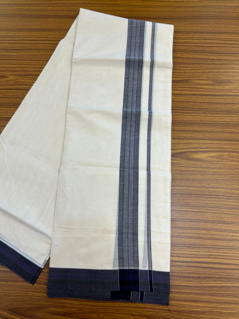 20% Discount ! Kaitharikada Balaramapuram 100% Cotton Off White Double Mundu/Dothi  - 100x80- 1.5 Inch Silver Kasav Green & Violet Shaded Kara - 4mtr (8.5muzham)- 6 KK5279 CKS