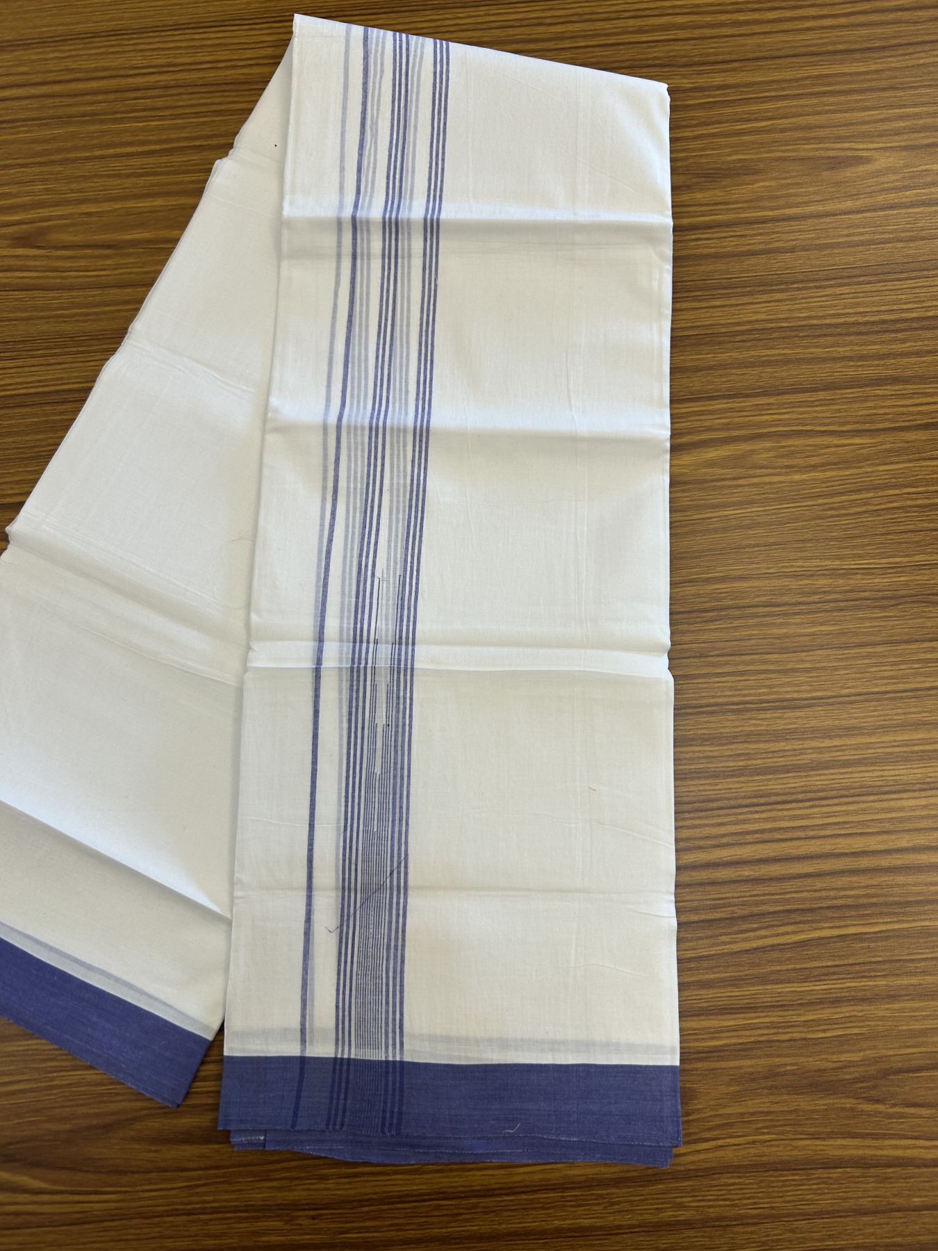 20% Discount ! Kaitharikada Balaramapuram 100% Pure Cotton Double Pure White Mundu/Dhoti - 100x80 - 1.25 inch Blue Shaded Stripes Chutty 3.90 mtr (8 muzham) - 42 KK5312 PMC