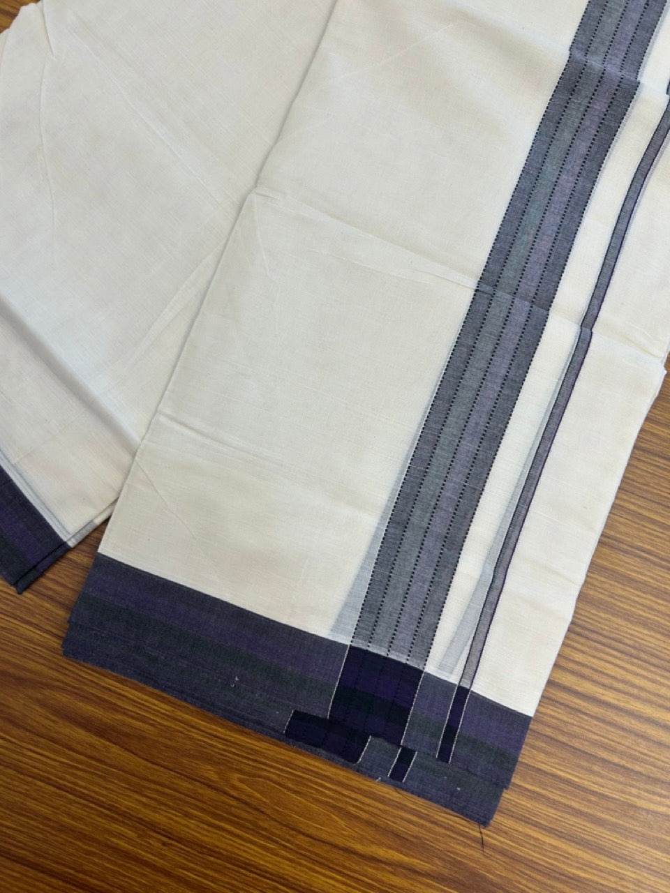 20% Discount ! Kaitharikada Balaramapuram 100% Cotton Off White Double Mundu/Dothi  - 100x80- 1.5 Inch Silver Kasav Green & Violet Shaded Kara - 4mtr (8.5muzham)- 6 KK5279 CKS