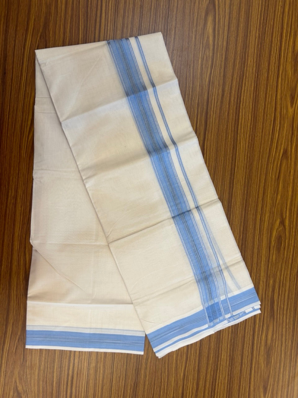 20% Discount ! Kaitharikada Balaramapuram 100% Cotton Off White Double Mundu/Dothi  - 100x80- 1.75 Inch Silver Kasav Blue & Black Striped Kara - 4mtr (8.5muzham)- 16 KK5279 CKS