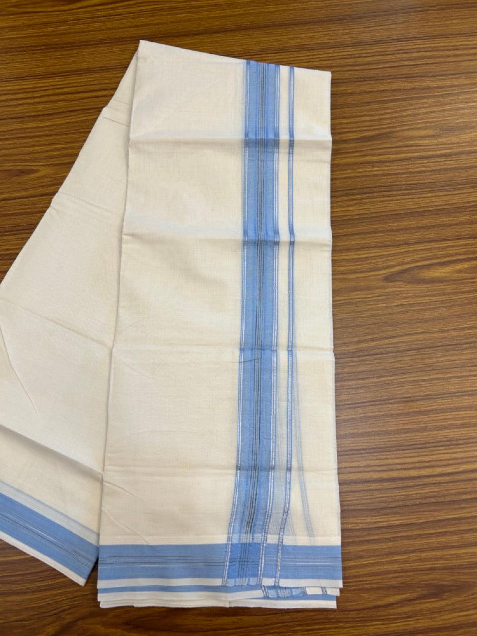 20% Discount ! Kaitharikada Balaramapuram 100% Cotton Off White Double Mundu/Dothi  - 100x80- 1.75 Inch Silver Kasav Blue & Black Striped Kara - 4mtr (8.5muzham)- 16 KK5279 CKS