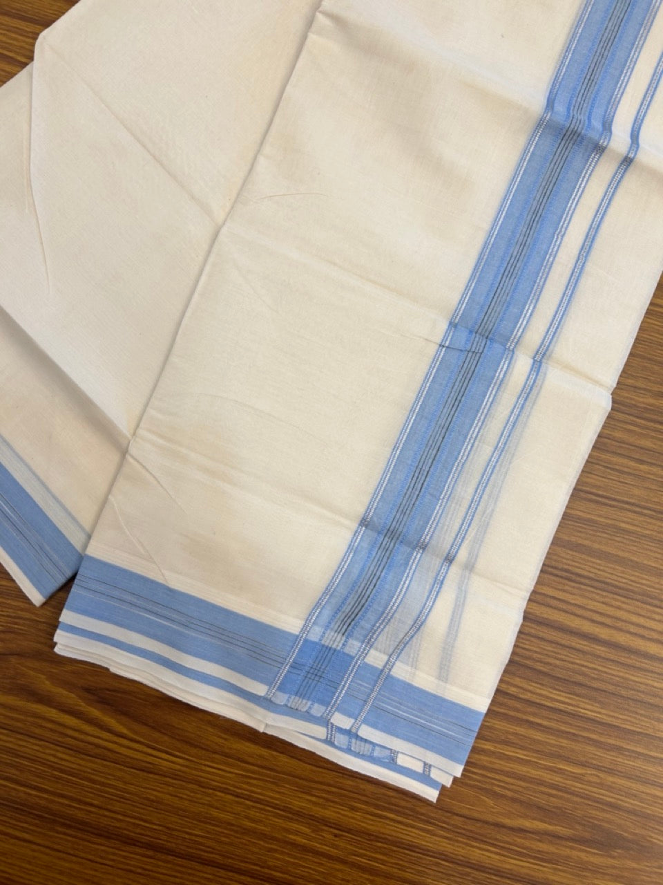 20% Discount ! Kaitharikada Balaramapuram 100% Cotton Off White Double Mundu/Dothi  - 100x80- 1.75 Inch Silver Kasav Blue & Black Striped Kara - 4mtr (8.5muzham)- 16 KK5279 CKS