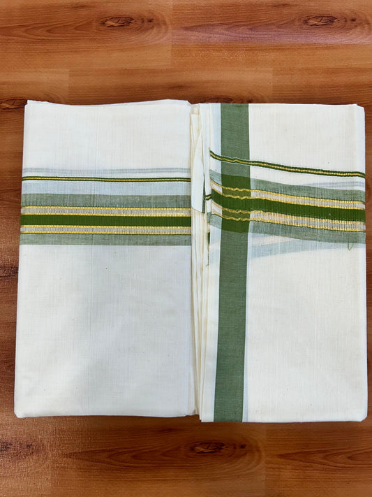 Double Off White - (Unbleached) Mundu/Dhoti - 20% Discount! KaithariKada Balaramapuram Mixed Cotton - 60s - 1.5 inch Gold Kasav & Tissue Green Striped Kara - 4 mtr (8.5 Muzham) - 21 KK5413 GAN