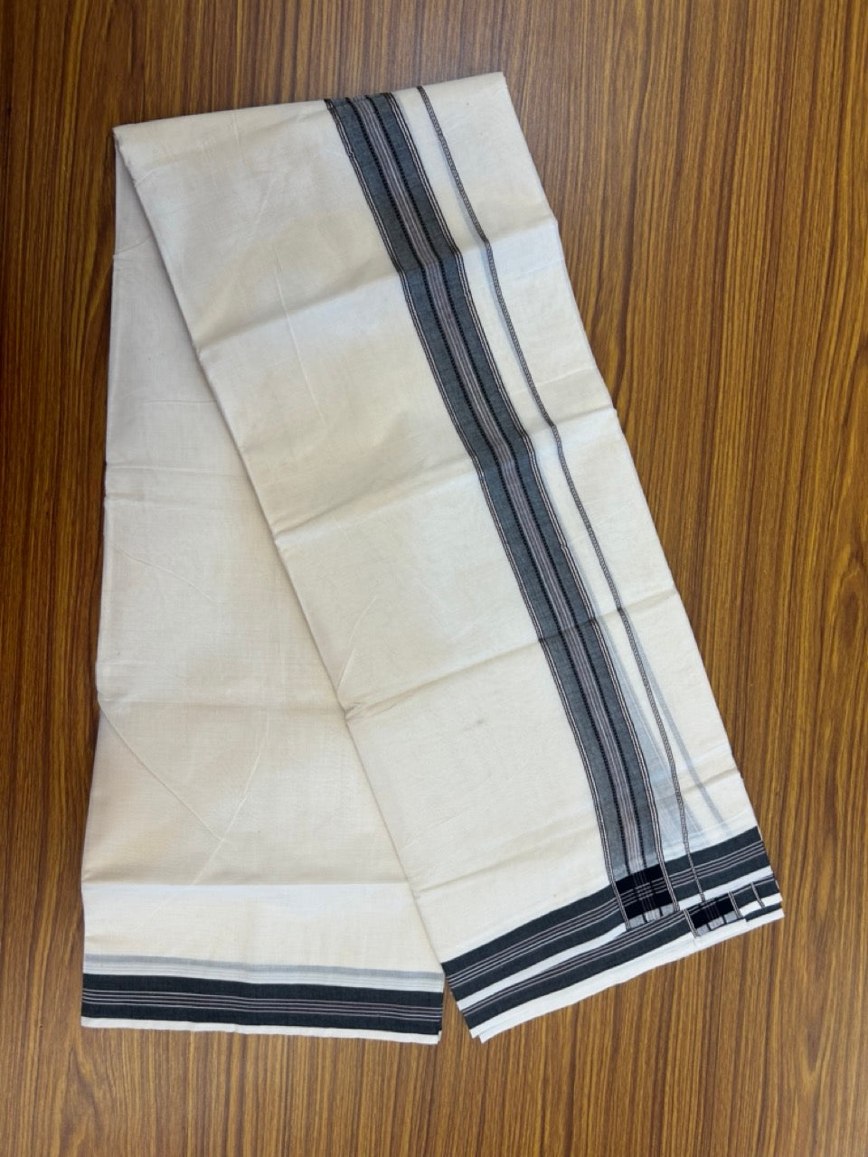 20% Discount ! Kaitharikada Balaramapuram 100% Cotton Off White Double Mundu/Dothi  - 100x80- 1.75 Inch Silver Kasav Black & Pink Striped Kara - 4mtr (8.5muzham)- 21 KK5279 CKS