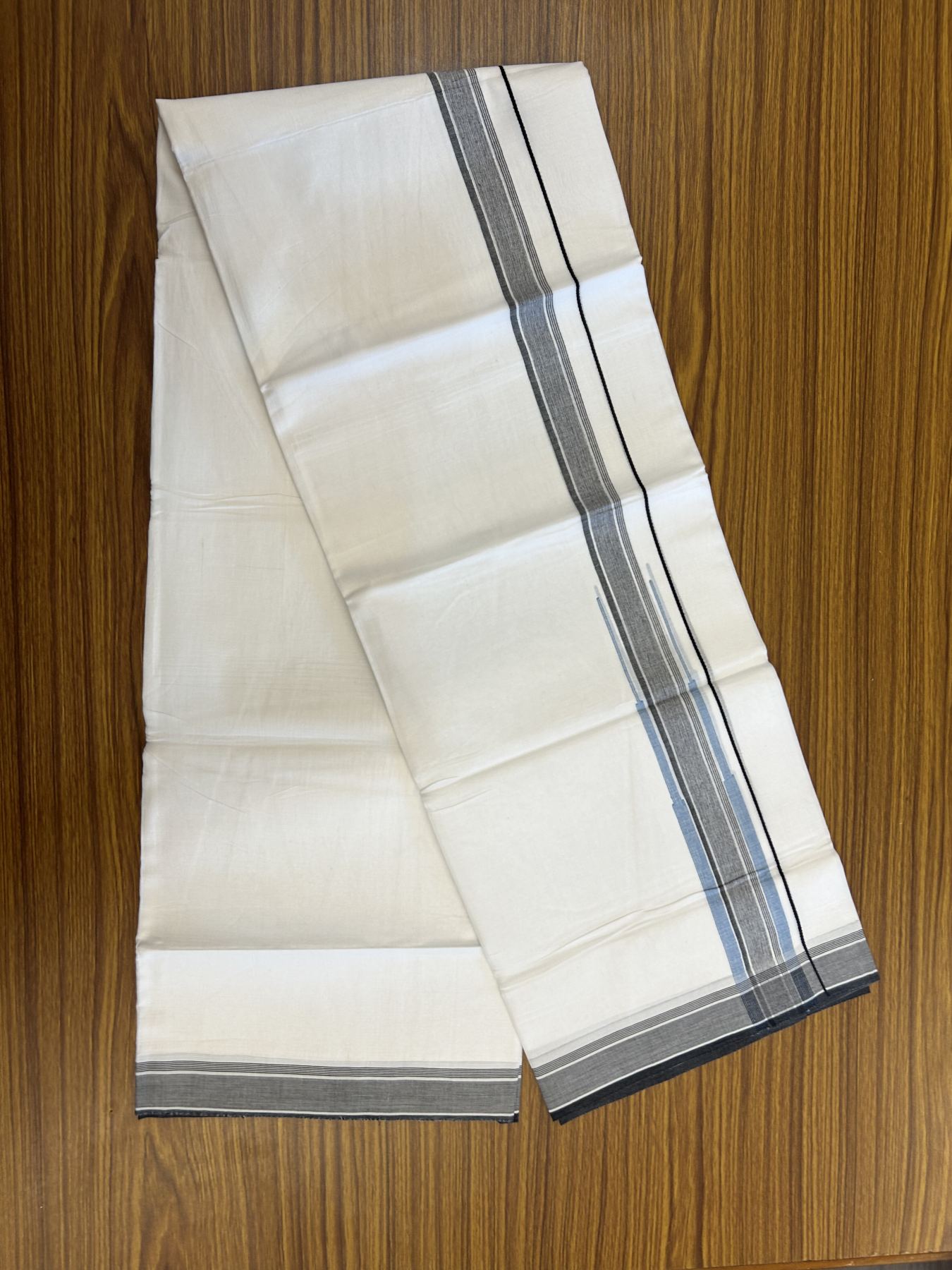 20% Discount ! Kaitharikada Balaramapuram 100% Pure Cotton Double Pure White Mundu/Dhoti - 100x80 - 1.5 inch Light Blue & Black Shaded Stripes Chutty 3.90 mtr (8 muzham) - 44 KK5312 PMC