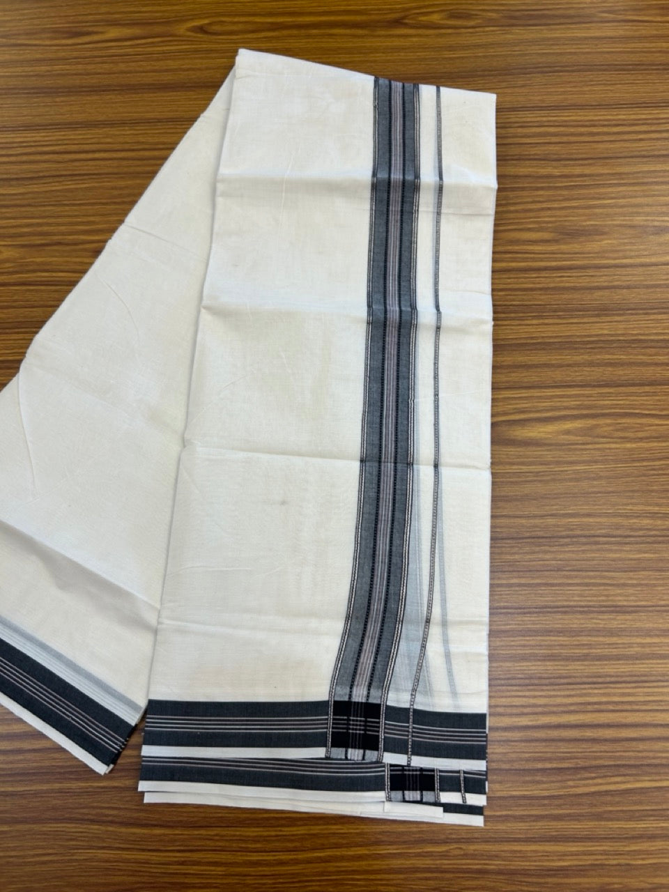 20% Discount ! Kaitharikada Balaramapuram 100% Cotton Off White Double Mundu/Dothi  - 100x80- 1.75 Inch Silver Kasav Black & Pink Striped Kara - 4mtr (8.5muzham)- 21 KK5279 CKS