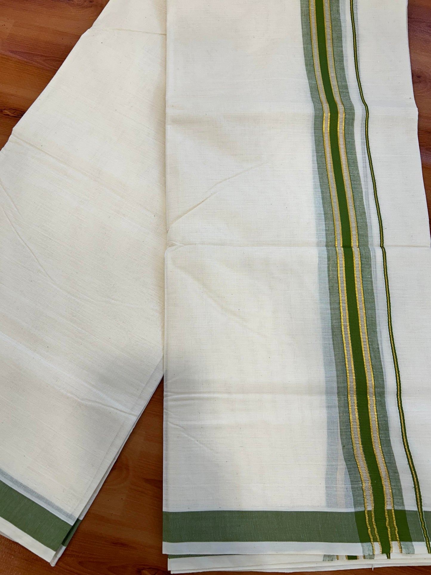 Double Off White - (Unbleached) Mundu/Dhoti - 20% Discount! KaithariKada Balaramapuram Mixed Cotton - 60s - 1.5 inch Gold Kasav & Tissue Green Striped Kara - 4 mtr (8.5 Muzham) - 21 KK5413 GAN