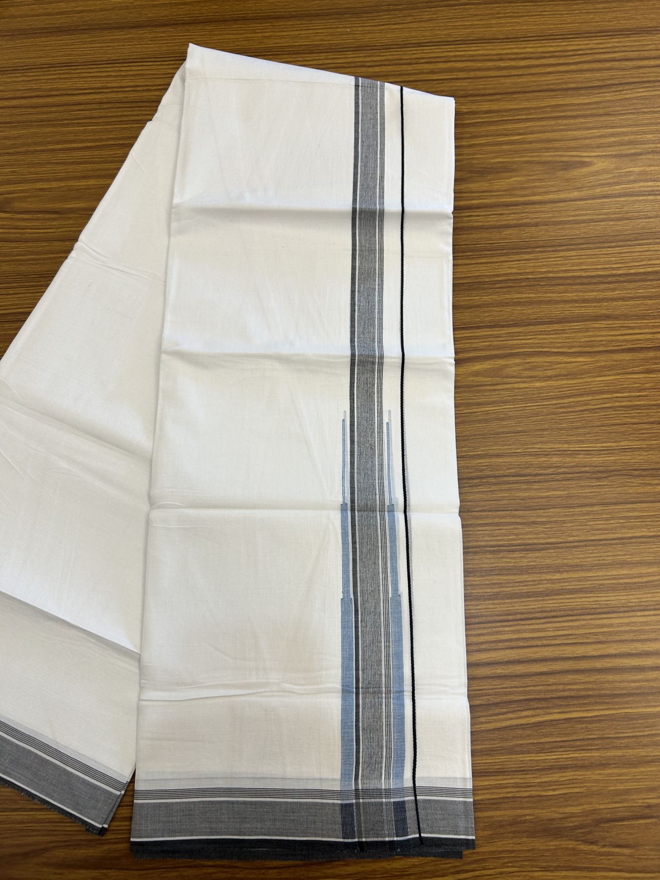 20% Discount ! Kaitharikada Balaramapuram 100% Pure Cotton Double Pure White Mundu/Dhoti - 100x80 - 1.5 inch Light Blue & Black Shaded Stripes Chutty 3.90 mtr (8 muzham) - 44 KK5312 PMC