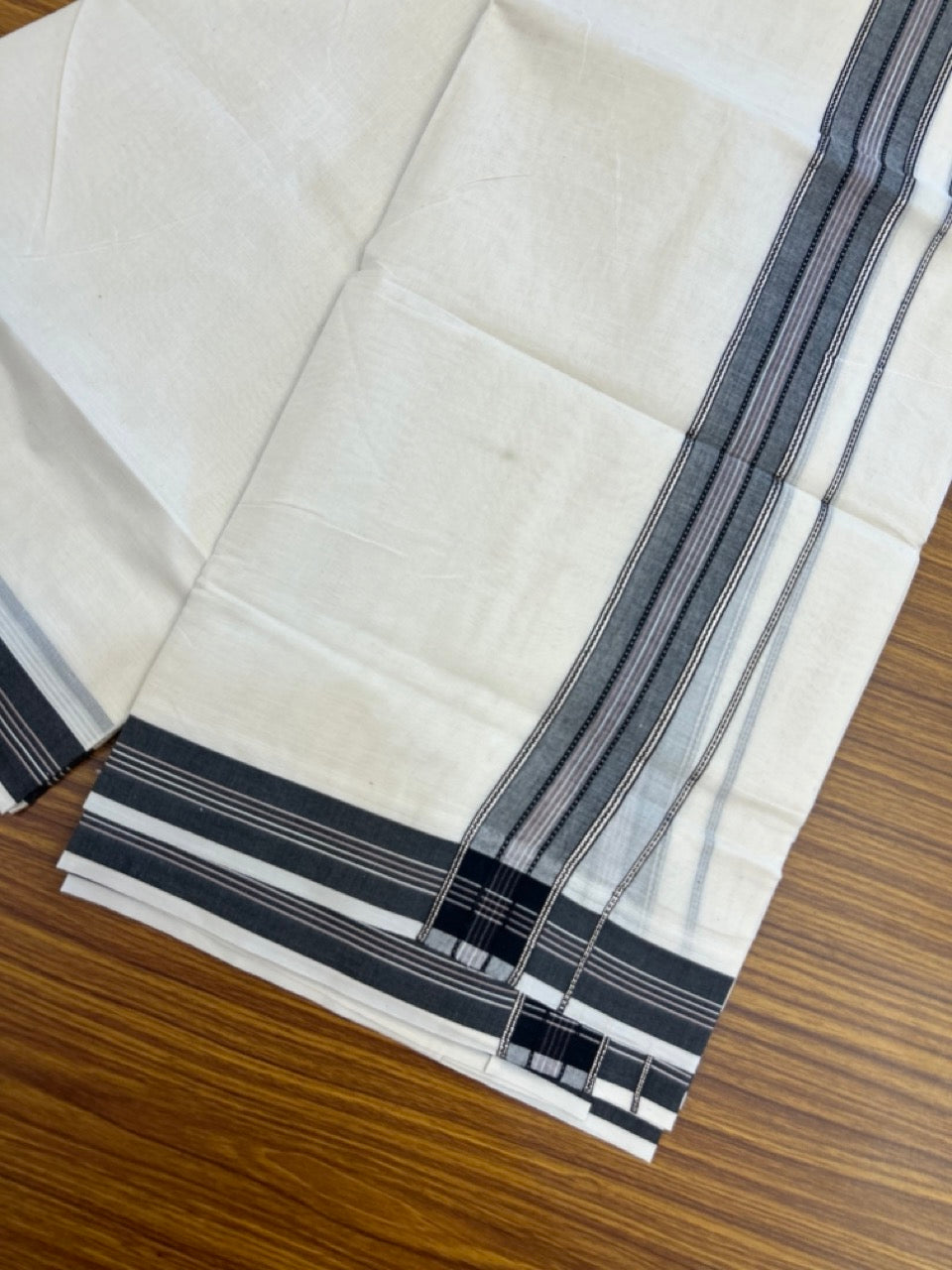 20% Discount ! Kaitharikada Balaramapuram 100% Cotton Off White Double Mundu/Dothi  - 100x80- 1.75 Inch Silver Kasav Black & Pink Striped Kara - 4mtr (8.5muzham)- 21 KK5279 CKS