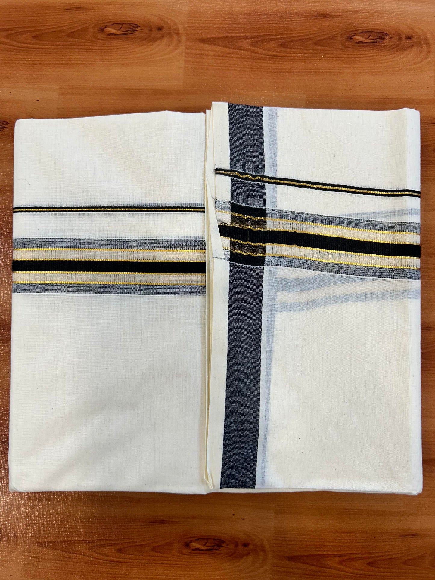 Double Off White - (Unbleached) Mundu/Dhoti - 20% Discount! KaithariKada Balaramapuram Mixed Cotton - 60s - 1.5 inch Gold Kasav & Tissue Black Striped Kara - 4 mtr (8.5 Muzham) - 24 KK5413 GAN