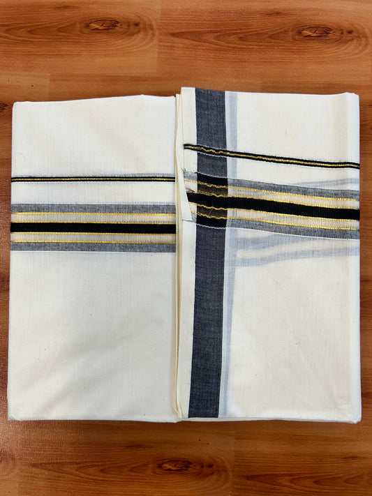 Double Off White - (Unbleached) Mundu/Dhoti - 20% Discount! KaithariKada Balaramapuram Mixed Cotton - 60s - 1.5 inch Gold Kasav & Tissue Black Striped Kara - 4 mtr (8.5 Muzham) - 24 KK5413 GAN