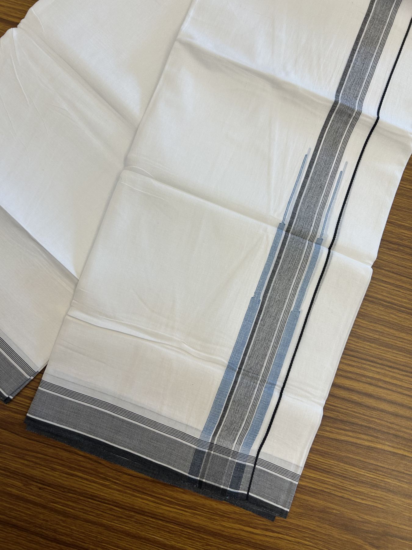 20% Discount ! Kaitharikada Balaramapuram 100% Pure Cotton Double Pure White Mundu/Dhoti - 100x80 - 1.5 inch Light Blue & Black Shaded Stripes Chutty 3.90 mtr (8 muzham) - 44 KK5312 PMC