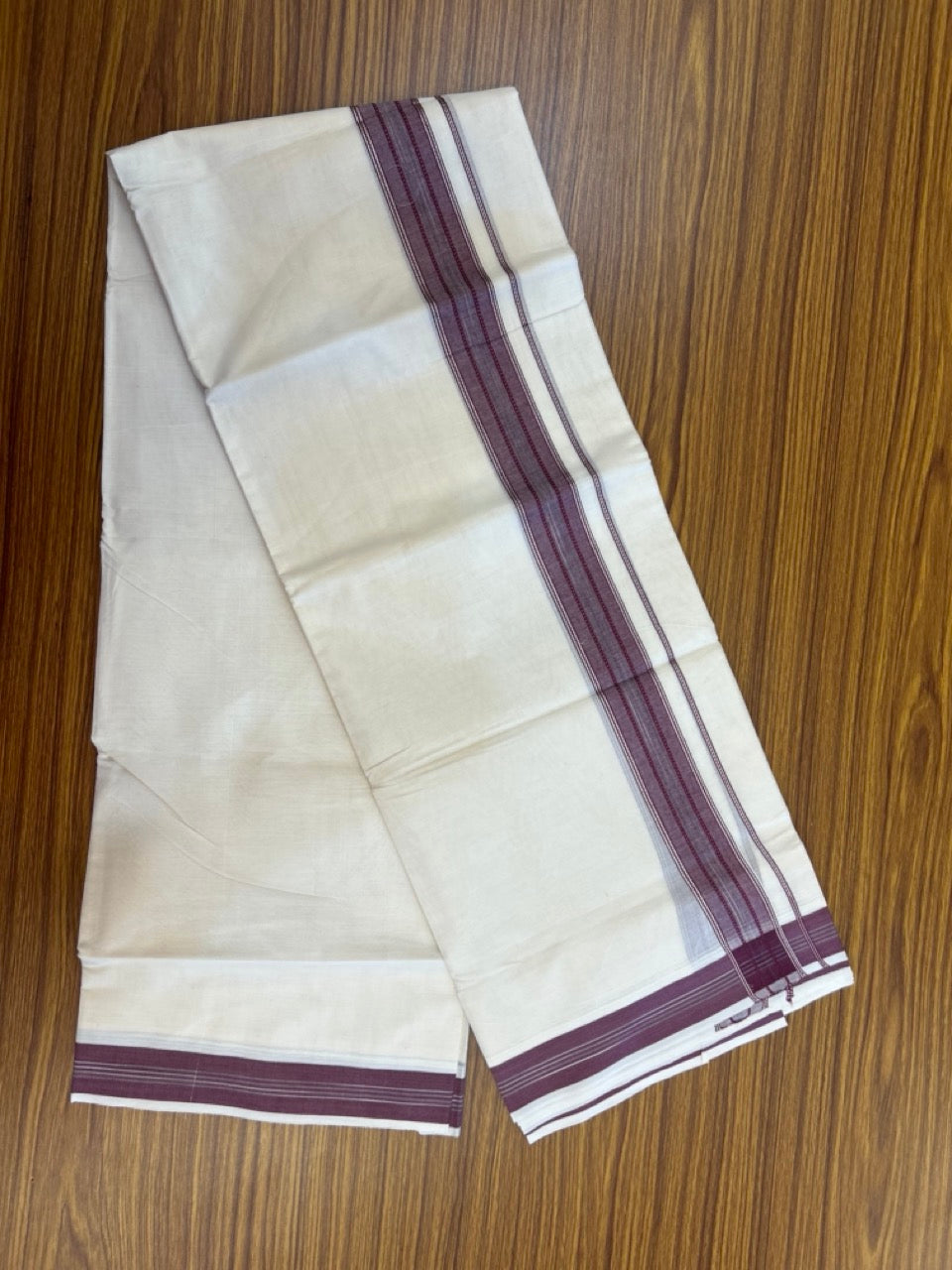 20% Discount ! Kaitharikada Balaramapuram 100% Cotton Off White Double Mundu/Dothi  - 100x80- 1.75 Inch Silver Kasav Purple & Black Striped Kara - 4mtr (8.5muzham)- 18 KK5279 CKS