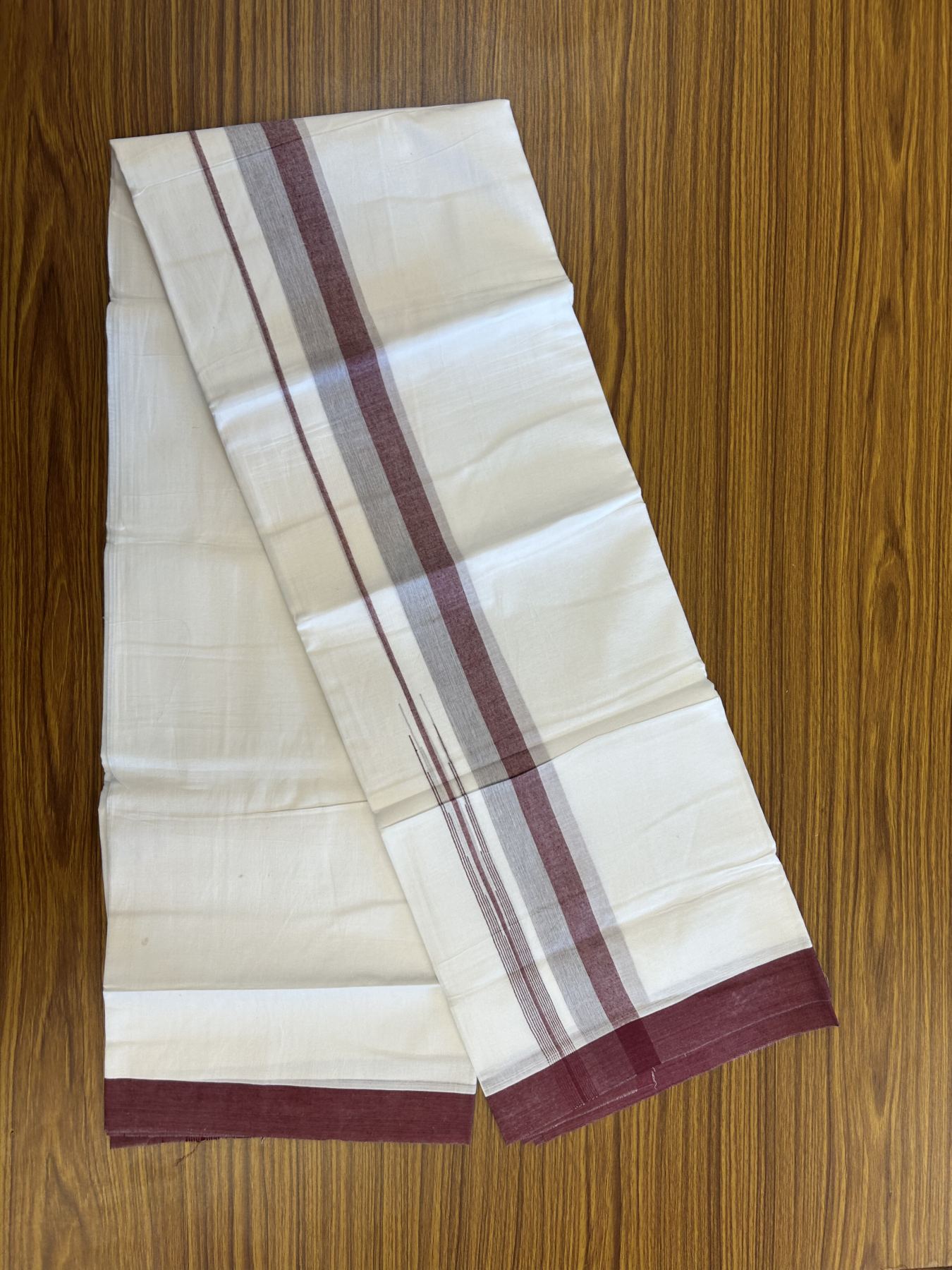 20% Discount ! Kaitharikada Balaramapuram 100% Pure Cotton Double Pure White Mundu/Dhoti - 100x80 - 1.25 inch Maroon & Grey Striped Shaded Chutty 3.90 mtr (8 muzham) - 14 KK5312 PMC