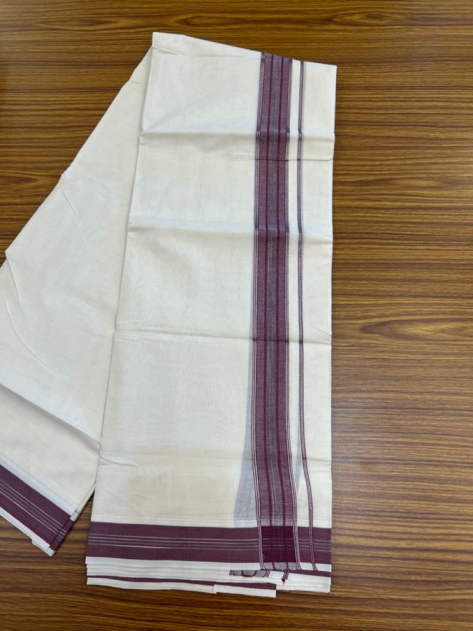 20% Discount ! Kaitharikada Balaramapuram 100% Cotton Off White Double Mundu/Dothi  - 100x80- 1.75 Inch Silver Kasav Purple & Black Striped Kara - 4mtr (8.5muzham)- 18 KK5279 CKS