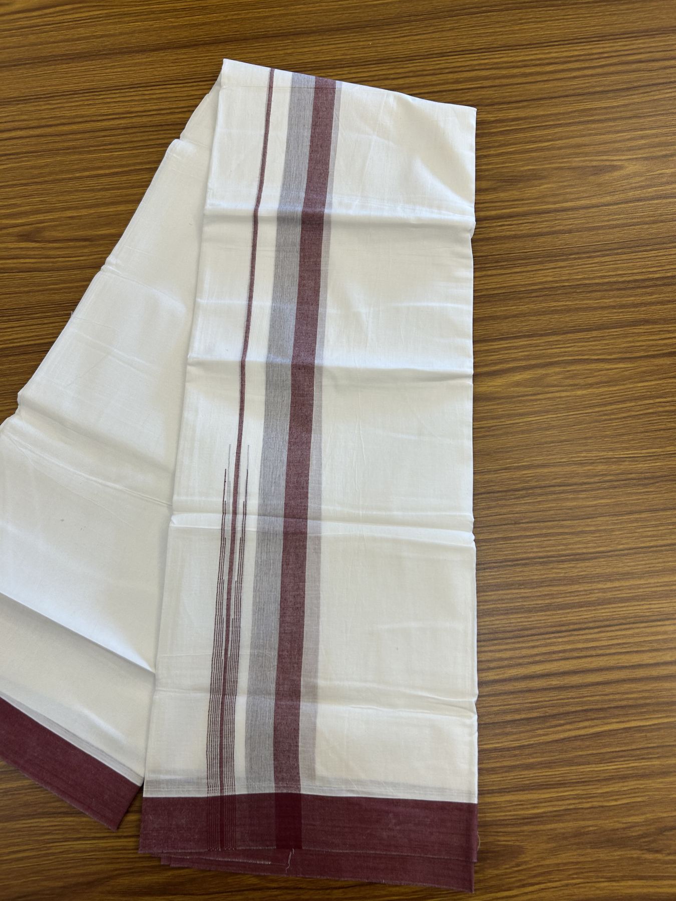 20% Discount ! Kaitharikada Balaramapuram 100% Pure Cotton Double Pure White Mundu/Dhoti - 100x80 - 1.25 inch Maroon & Grey Striped Shaded Chutty 3.90 mtr (8 muzham) - 14 KK5312 PMC