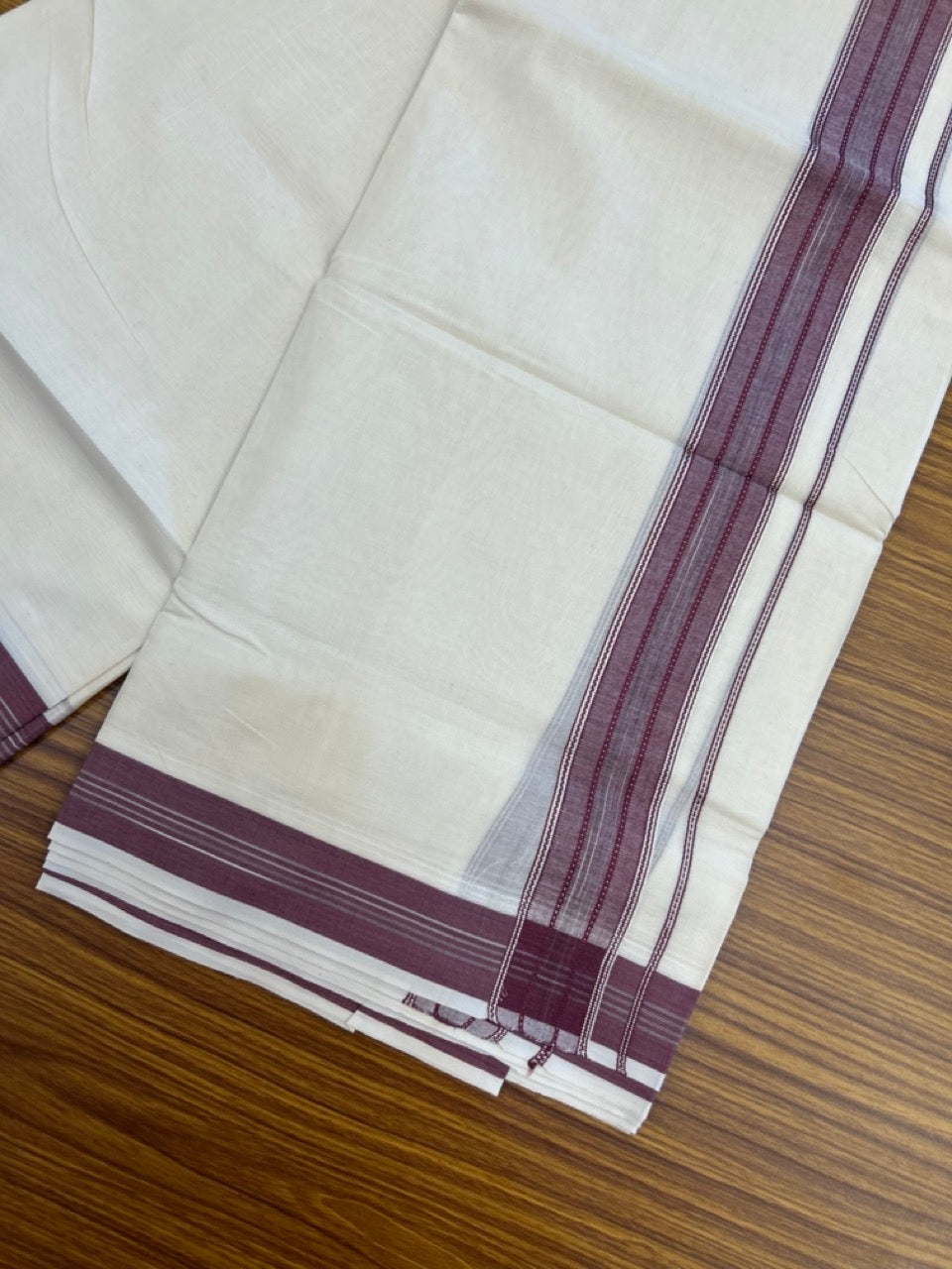 20% Discount ! Kaitharikada Balaramapuram 100% Cotton Off White Double Mundu/Dothi  - 100x80- 1.75 Inch Silver Kasav Purple & Black Striped Kara - 4mtr (8.5muzham)- 18 KK5279 CKS