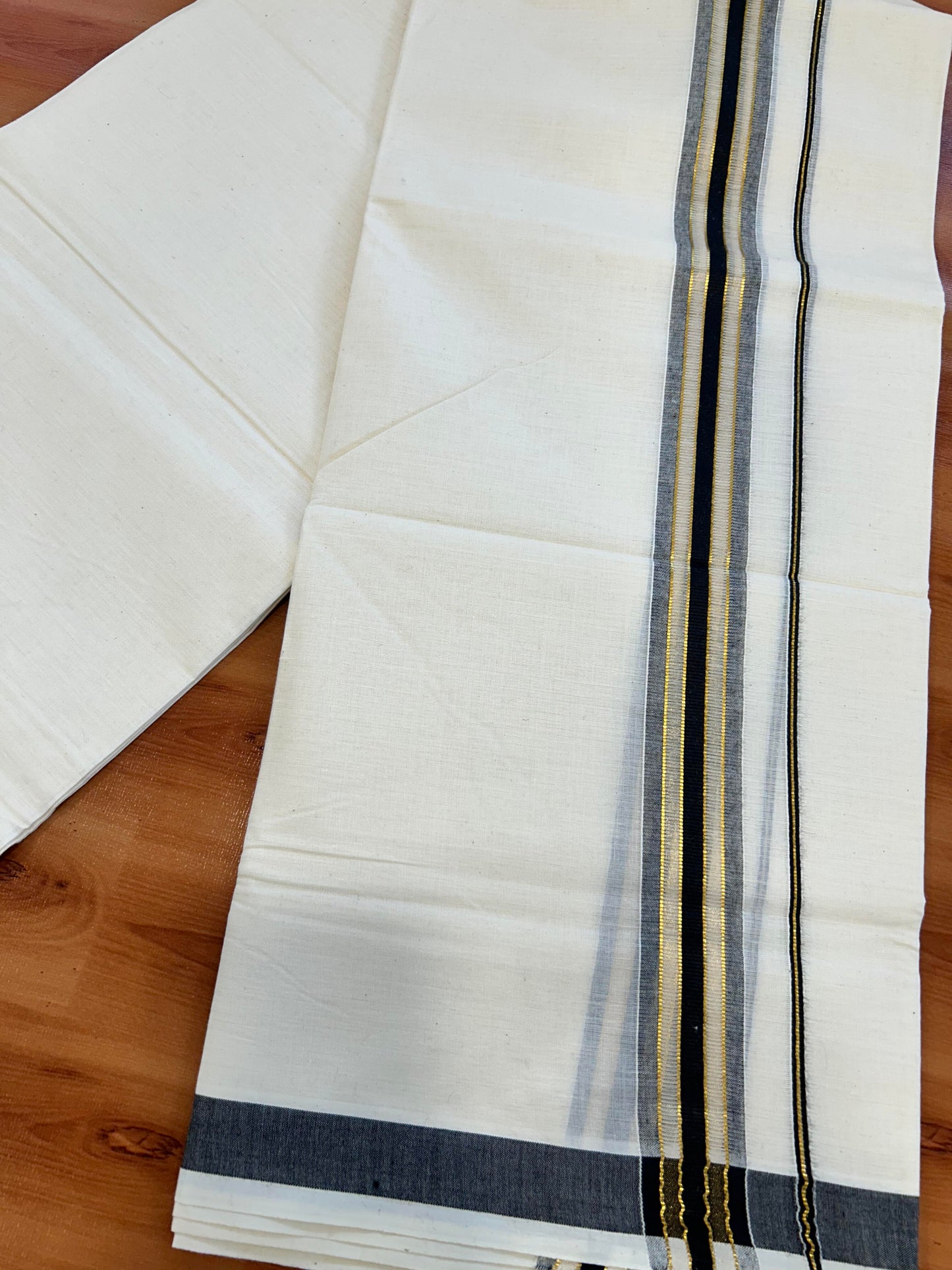 Double Off White - (Unbleached) Mundu/Dhoti - 20% Discount! KaithariKada Balaramapuram Mixed Cotton - 60s - 1.5 inch Gold Kasav & Tissue Black Striped Kara - 4 mtr (8.5 Muzham) - 24 KK5413 GAN