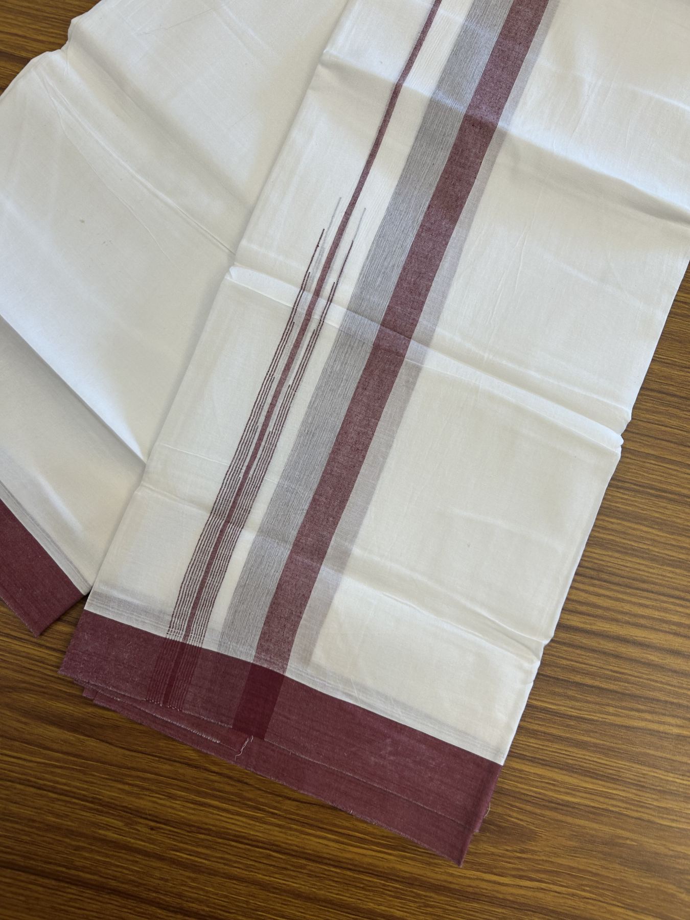 20% Discount ! Kaitharikada Balaramapuram 100% Pure Cotton Double Pure White Mundu/Dhoti - 100x80 - 1.25 inch Maroon & Grey Striped Shaded Chutty 3.90 mtr (8 muzham) - 14 KK5312 PMC