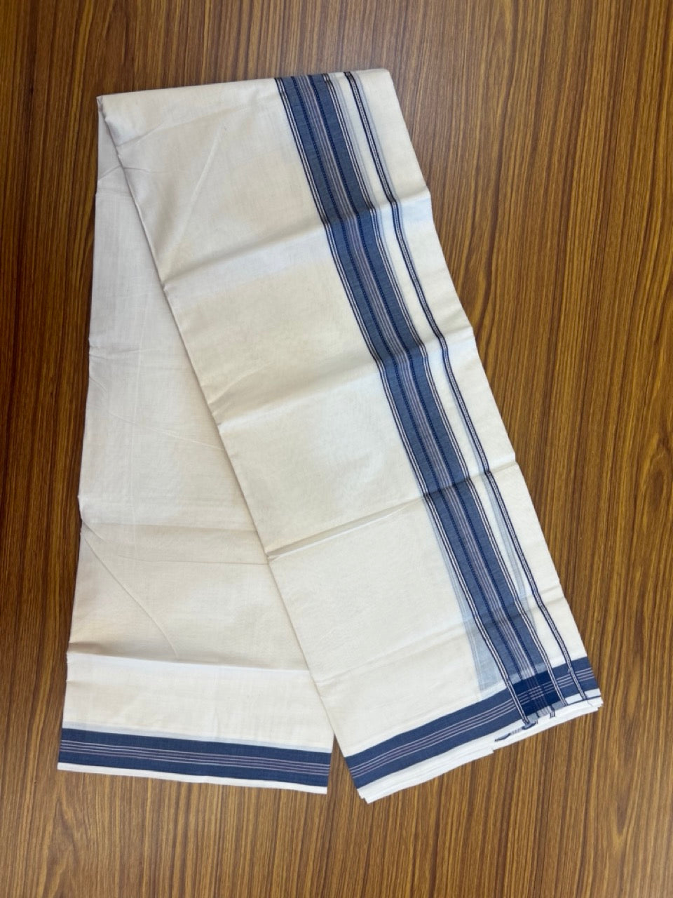 20% Discount ! Kaitharikada Balaramapuram 100% Cotton Off White Double Mundu/Dothi  - 100x80- 1.75 Inch Silver Kasav Dark Blue & Peach Striped Kara - 4mtr (8.5muzham)- 20 KK5279 CKS