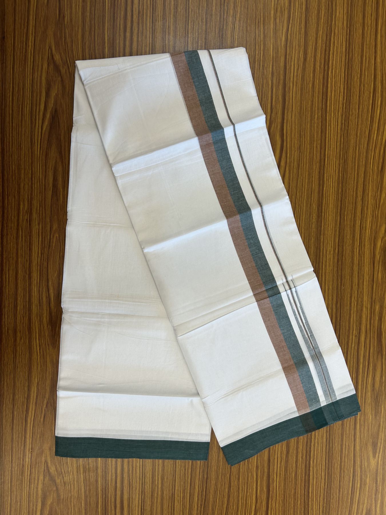 20% Discount ! Kaitharikada Balaramapuram 100% Pure Cotton Double Pure White Mundu/Dhoti - 100x80 - 1.5 inch Cinnamon Brown & Dark Green Striped Shaded Chutty 3.90 mtr (8 muzham) - 19 KK5312 PMC