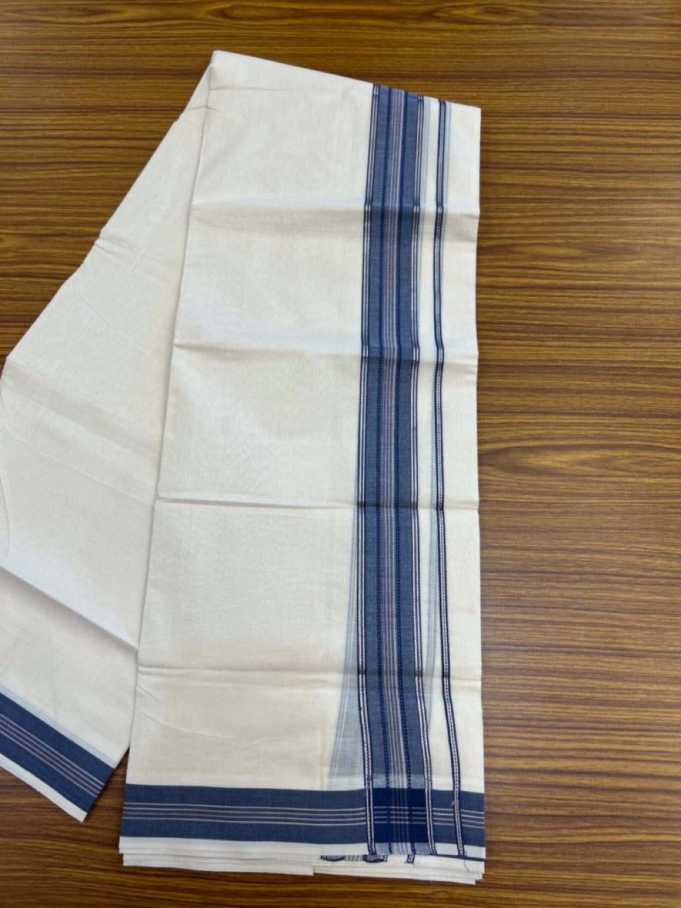 20% Discount ! Kaitharikada Balaramapuram 100% Cotton Off White Double Mundu/Dothi  - 100x80- 1.75 Inch Silver Kasav Dark Blue & Peach Striped Kara - 4mtr (8.5muzham)- 20 KK5279 CKS