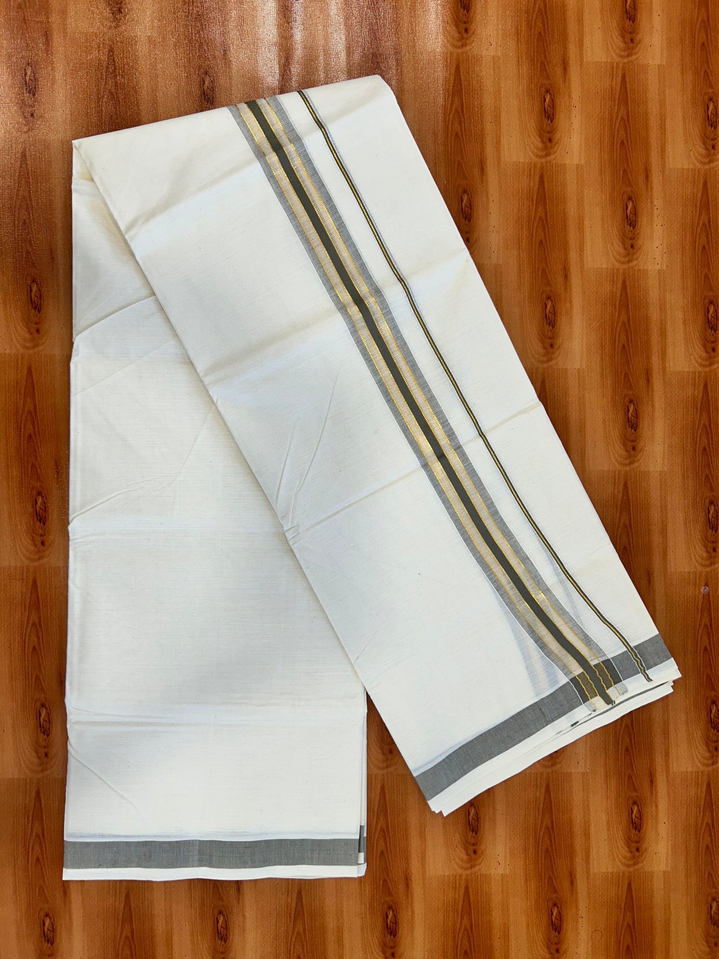 Double Off White - (Unbleached) Mundu/Dhoti - 20% Discount! KaithariKada Balaramapuram Mixed Cotton - 60s - 1.5 inch Gold Kasav & Tissue Dark Sage Green Striped Kara - 4 mtr (8.5 Muzham) - 19 KK5413 GAN