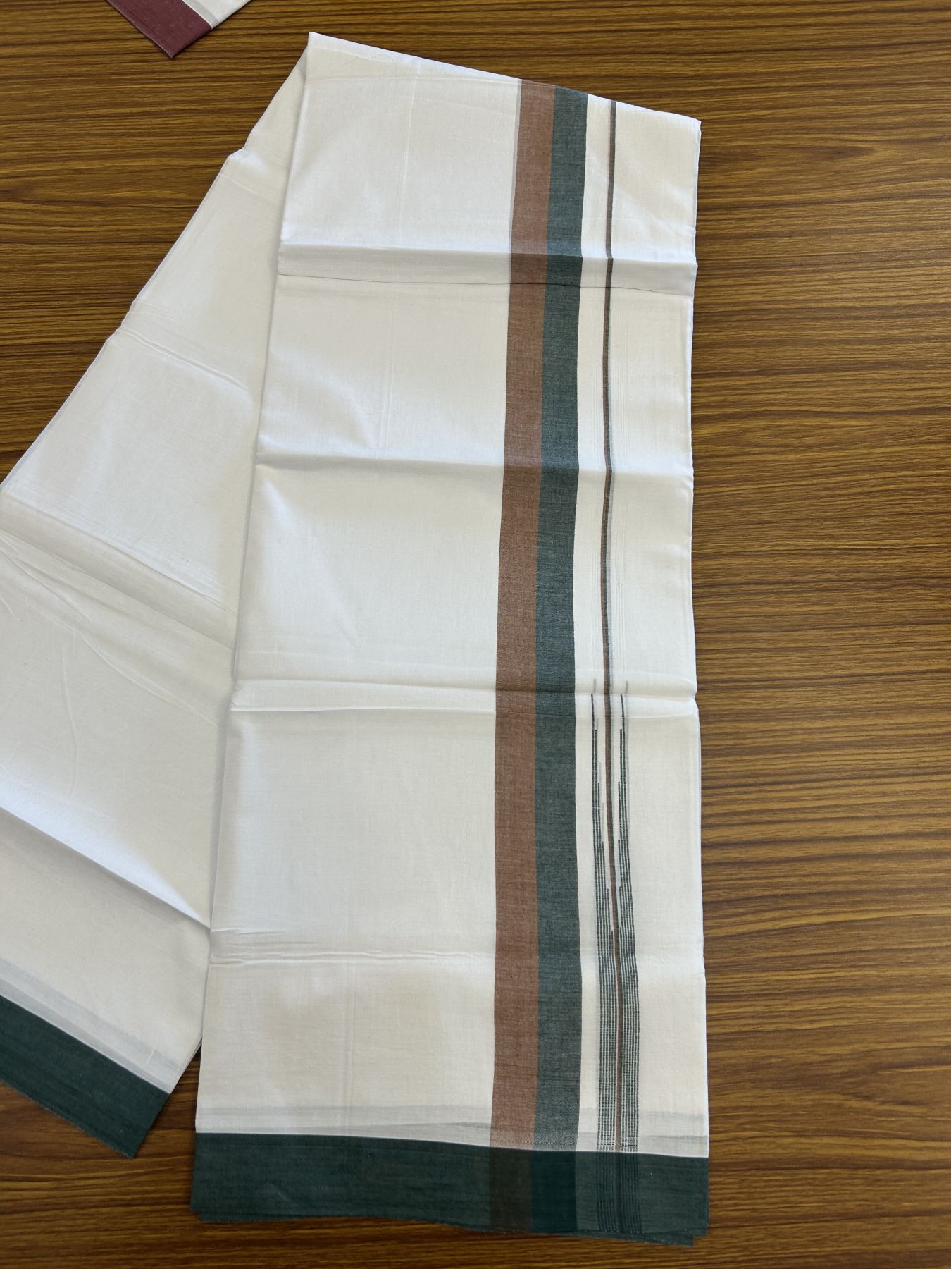 20% Discount ! Kaitharikada Balaramapuram 100% Pure Cotton Double Pure White Mundu/Dhoti - 100x80 - 1.5 inch Cinnamon Brown & Dark Green Striped Shaded Chutty 3.90 mtr (8 muzham) - 19 KK5312 PMC