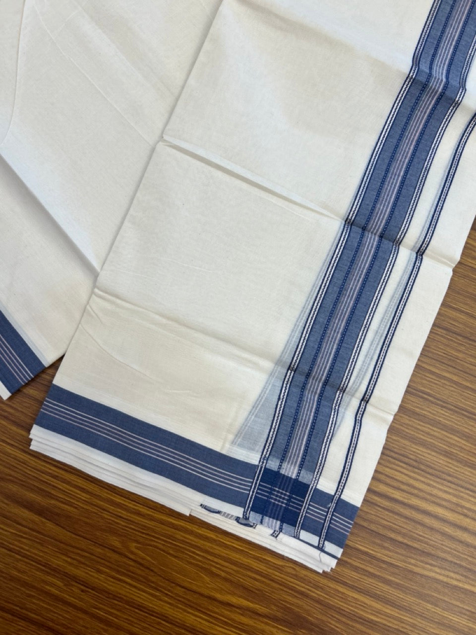 20% Discount ! Kaitharikada Balaramapuram 100% Cotton Off White Double Mundu/Dothi  - 100x80- 1.75 Inch Silver Kasav Dark Blue & Peach Striped Kara - 4mtr (8.5muzham)- 20 KK5279 CKS