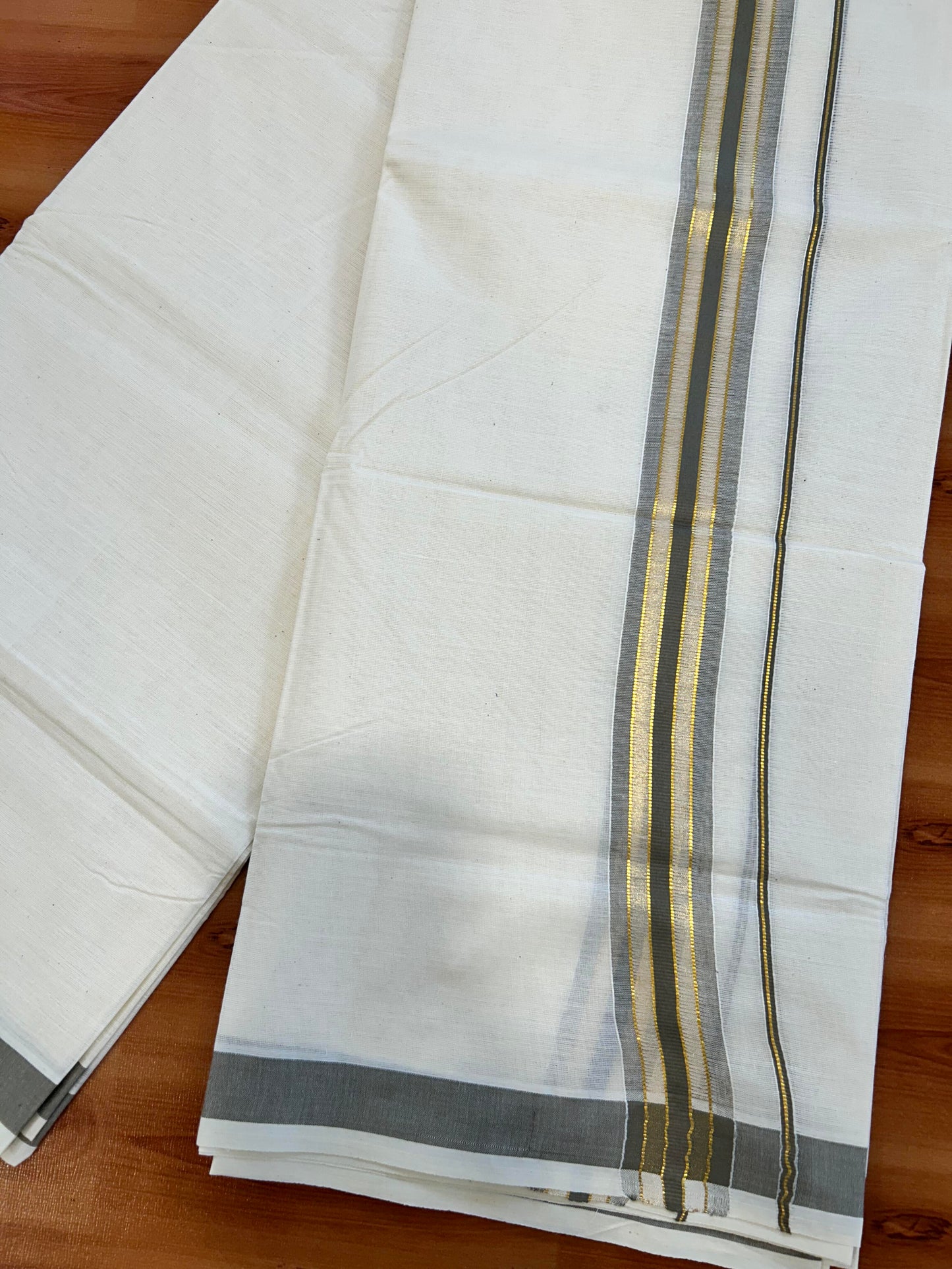 Double Off White - (Unbleached) Mundu/Dhoti - 20% Discount! KaithariKada Balaramapuram Mixed Cotton - 60s - 1.5 inch Gold Kasav & Tissue Dark Sage Green Striped Kara - 4 mtr (8.5 Muzham) - 19 KK5413 GAN