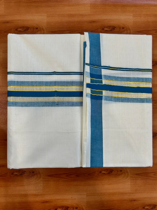 Double Off White - (Unbleached) Mundu/Dhoti - 20% Discount! KaithariKada Balaramapuram Mixed Cotton - 60s - 1.5 inch Gold Kasav & Tissue Peacock Blue Striped Kara - 4 mtr (8.5 Muzham) - 23 KK5413 GAN