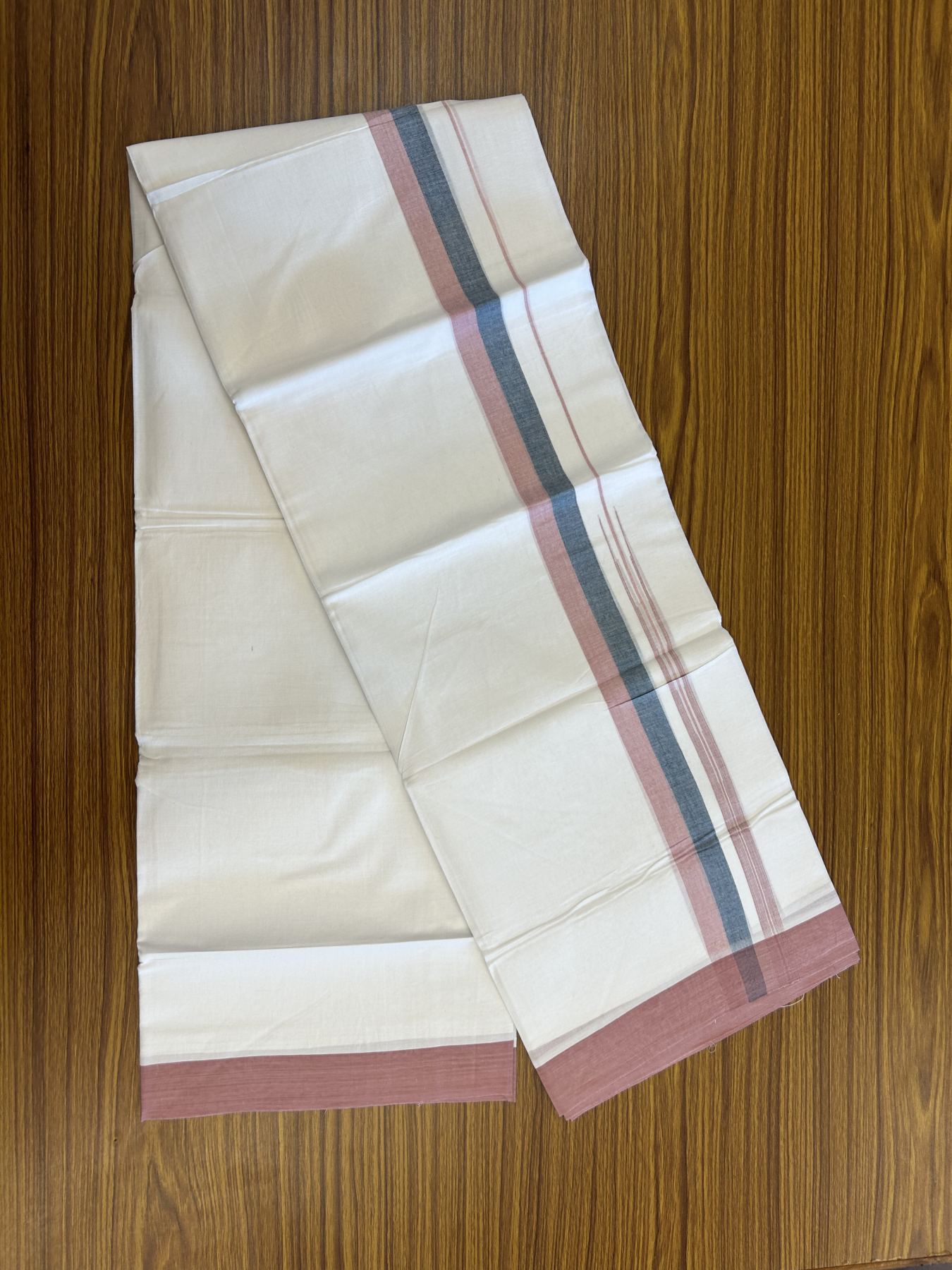 20% Discount ! Kaitharikada Balaramapuram 100% Pure Cotton Double Pure White Mundu/Dhoti - 100x80 - 1.25 inch Dusty Pink & Teal Green Striped Shaded Chutty 3.90 mtr (8 muzham) - 13 KK5312 PMC
