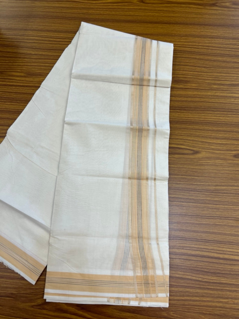 20% Discount ! Kaitharikada Balaramapuram 100% Cotton Off White Double Mundu/Dothi  - 100x80- 1.75 Inch Silver Kasav Dairy Cream & Black Striped Kara - 4mtr (8.5muzham)- 15 KK5279 CKS