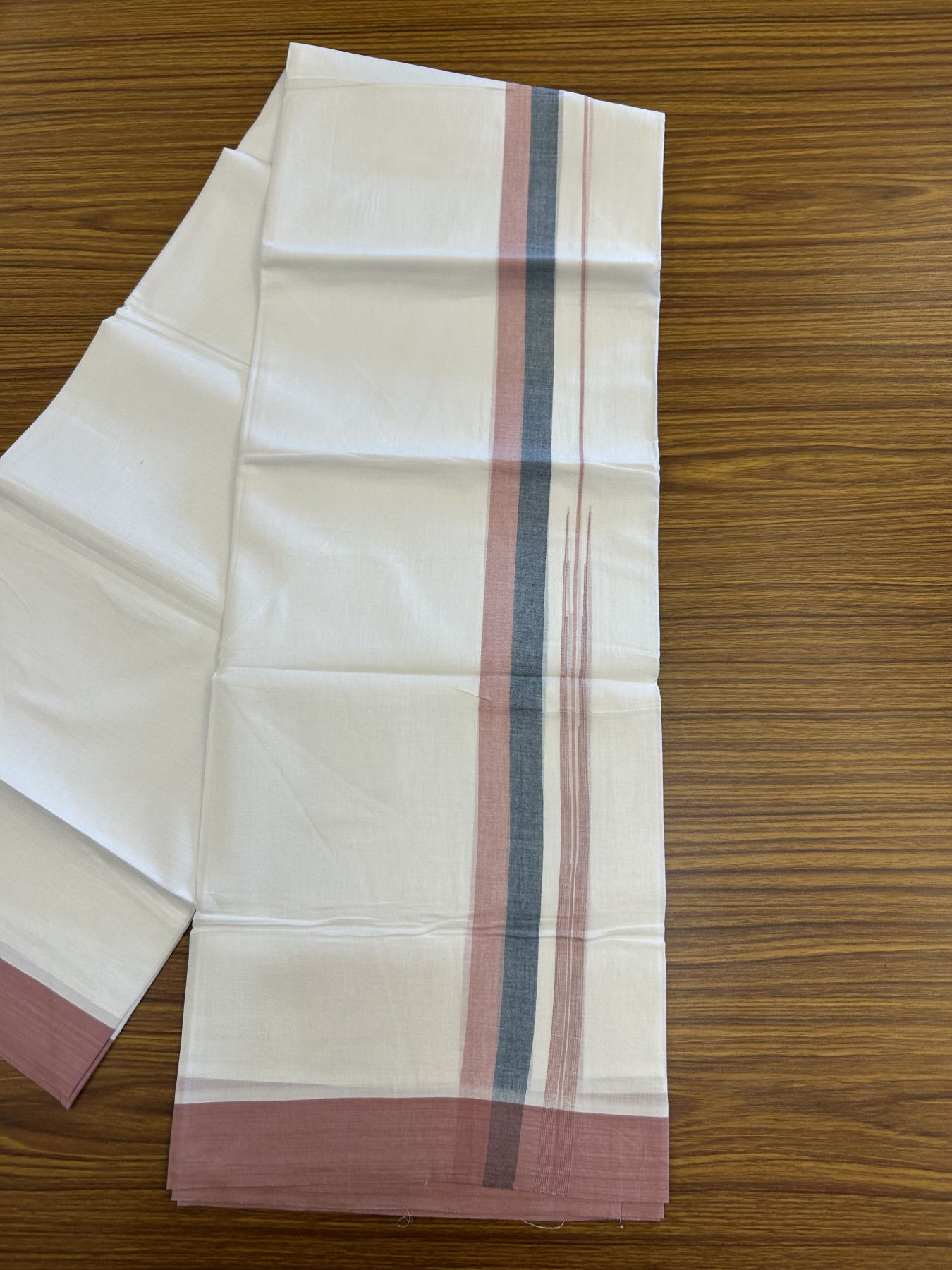 20% Discount ! Kaitharikada Balaramapuram 100% Pure Cotton Double Pure White Mundu/Dhoti - 100x80 - 1.25 inch Dusty Pink & Teal Green Striped Shaded Chutty 3.90 mtr (8 muzham) - 13 KK5312 PMC