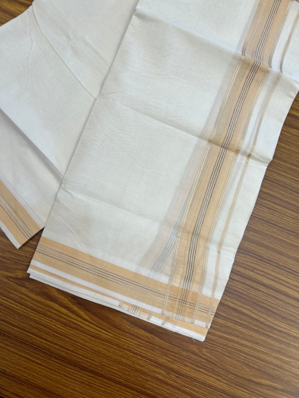 20% Discount ! Kaitharikada Balaramapuram 100% Cotton Off White Double Mundu/Dothi  - 100x80- 1.75 Inch Silver Kasav Dairy Cream & Black Striped Kara - 4mtr (8.5muzham)- 15 KK5279 CKS