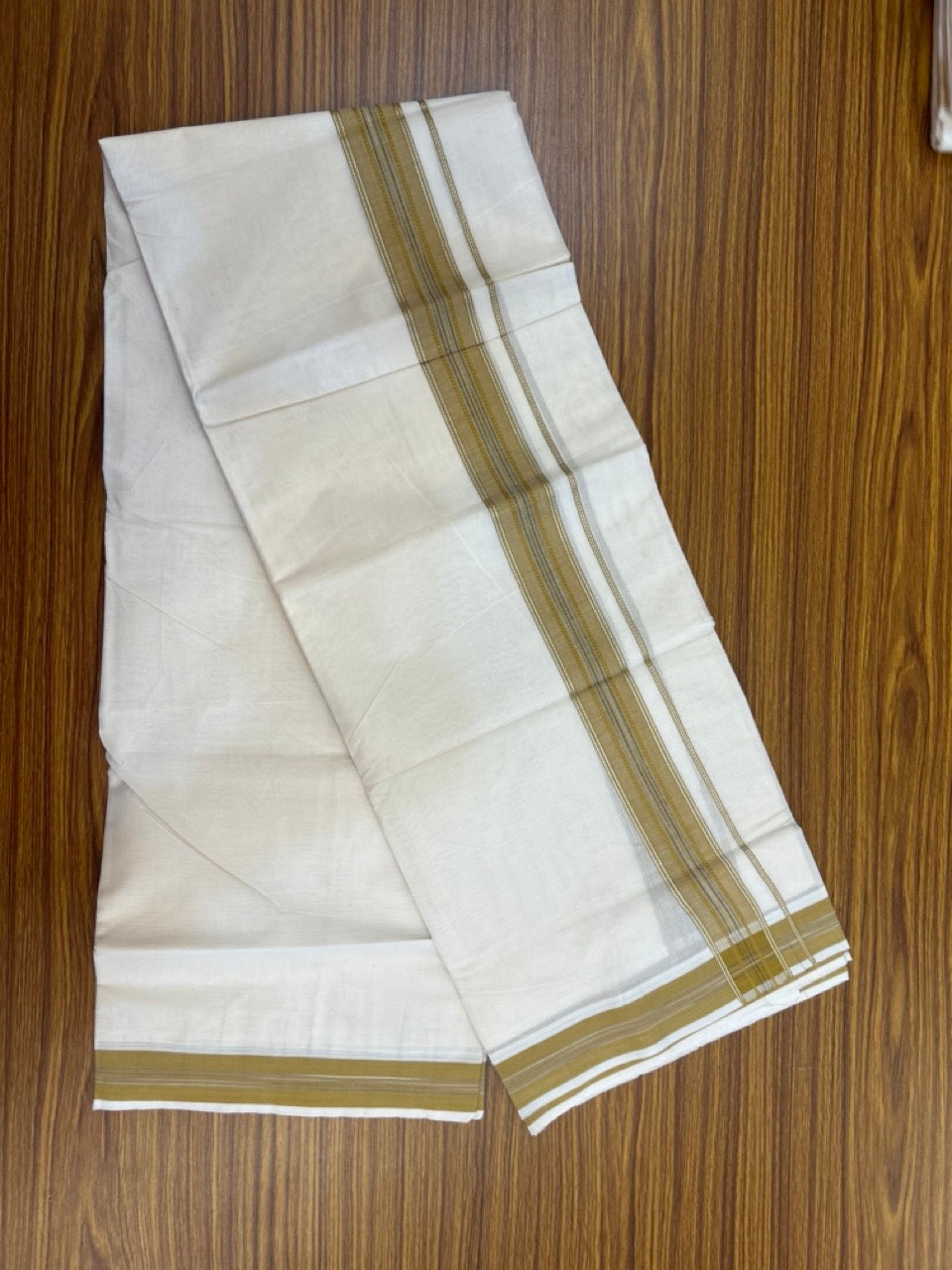 20% Discount ! Kaitharikada Balaramapuram 100% Cotton Off White Double Mundu/Dothi  - 100x80- 1.75 Inch Silver Kasav Mustard Yellow & Black Striped Kara - 4mtr (8.5muzham)- 14 KK5279 CKS