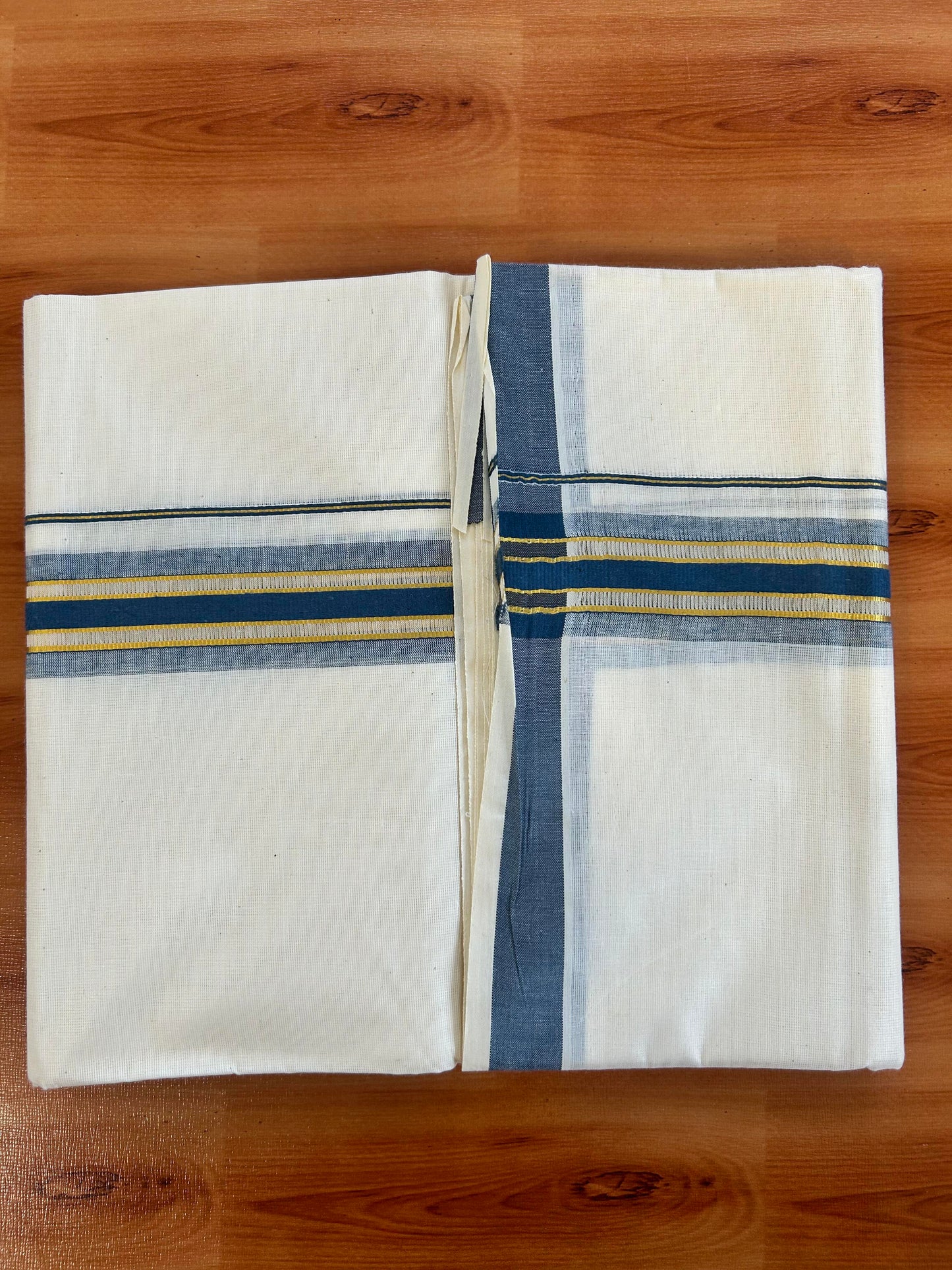 Double Off White - (Unbleached) Mundu/Dhoti - 20% Discount! KaithariKada Balaramapuram Mixed Cotton - 60s - 1.5 inch Gold Kasav & Tissue Dark Ash Blue Striped Kara - 4 mtr (8.5 Muzham) - 20 KK5413 GAN