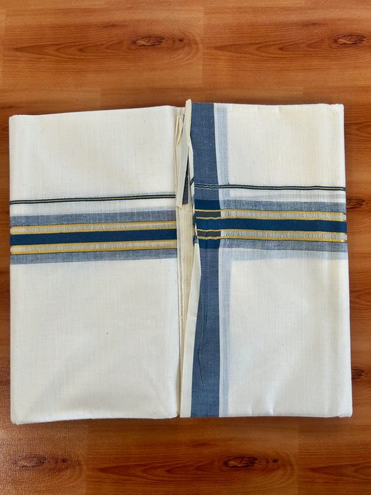 Double Off White - (Unbleached) Mundu/Dhoti - 20% Discount! KaithariKada Balaramapuram Mixed Cotton - 60s - 1.5 inch Gold Kasav & Tissue Dark Ash Blue Striped Kara - 4 mtr (8.5 Muzham) - 20 KK5413 GAN