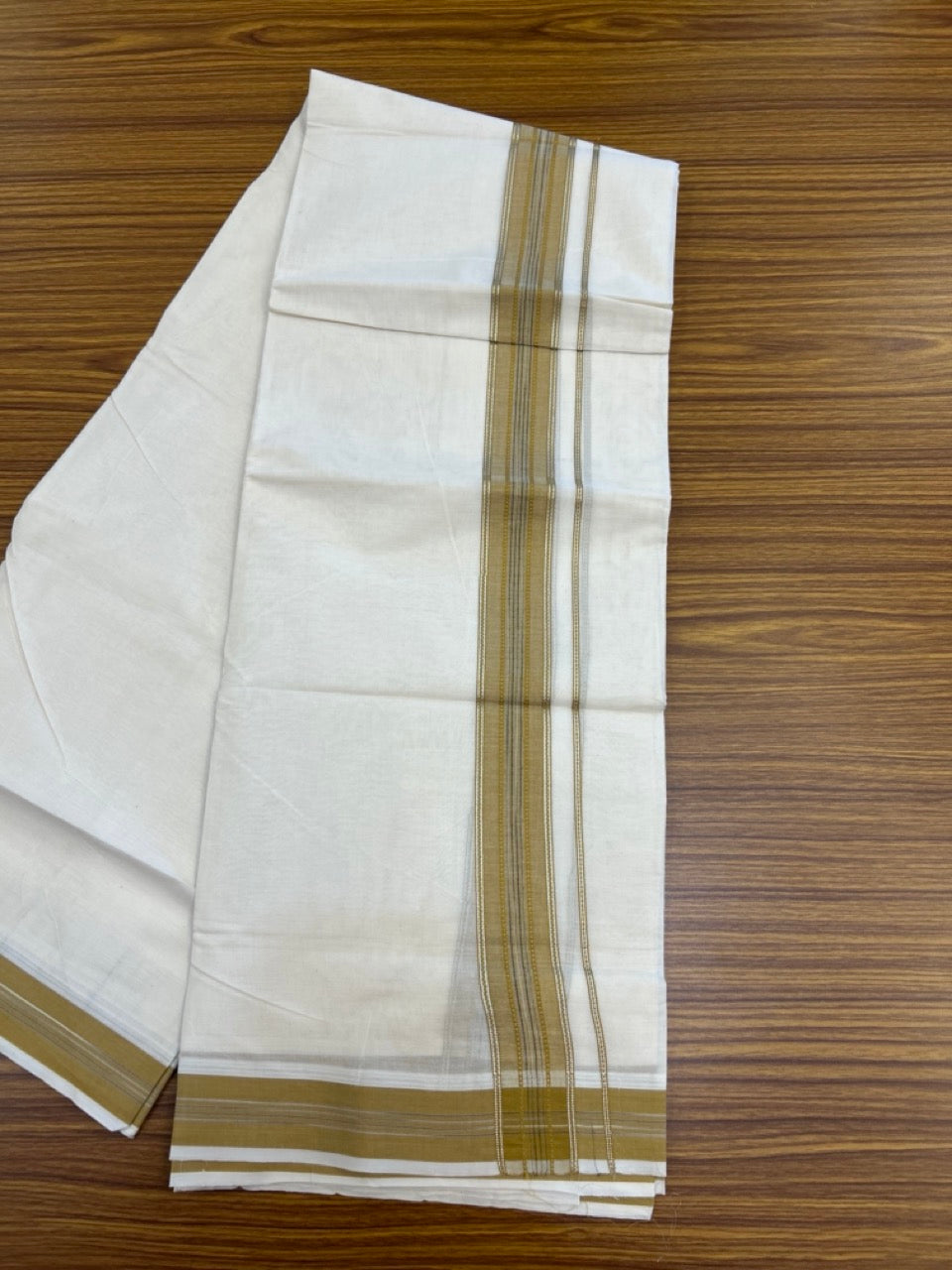20% Discount ! Kaitharikada Balaramapuram 100% Cotton Off White Double Mundu/Dothi  - 100x80- 1.75 Inch Silver Kasav Mustard Yellow & Black Striped Kara - 4mtr (8.5muzham)- 14 KK5279 CKS