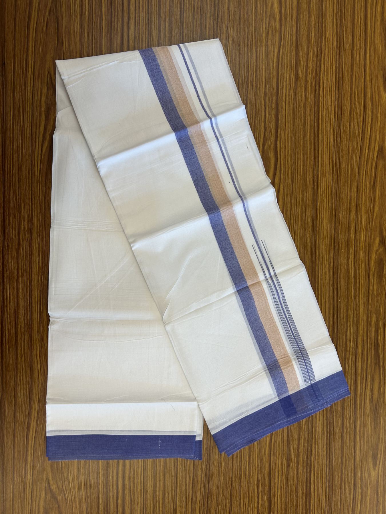 20% Discount ! Kaitharikada Balaramapuram 100% Pure Cotton Double Pure White Mundu/Dhoti - 100x80 - 1.25 inch Blue & Peach Orange Striped Shaded Chutty 3.90 mtr (8 muzham) - 22 KK5312 PMC