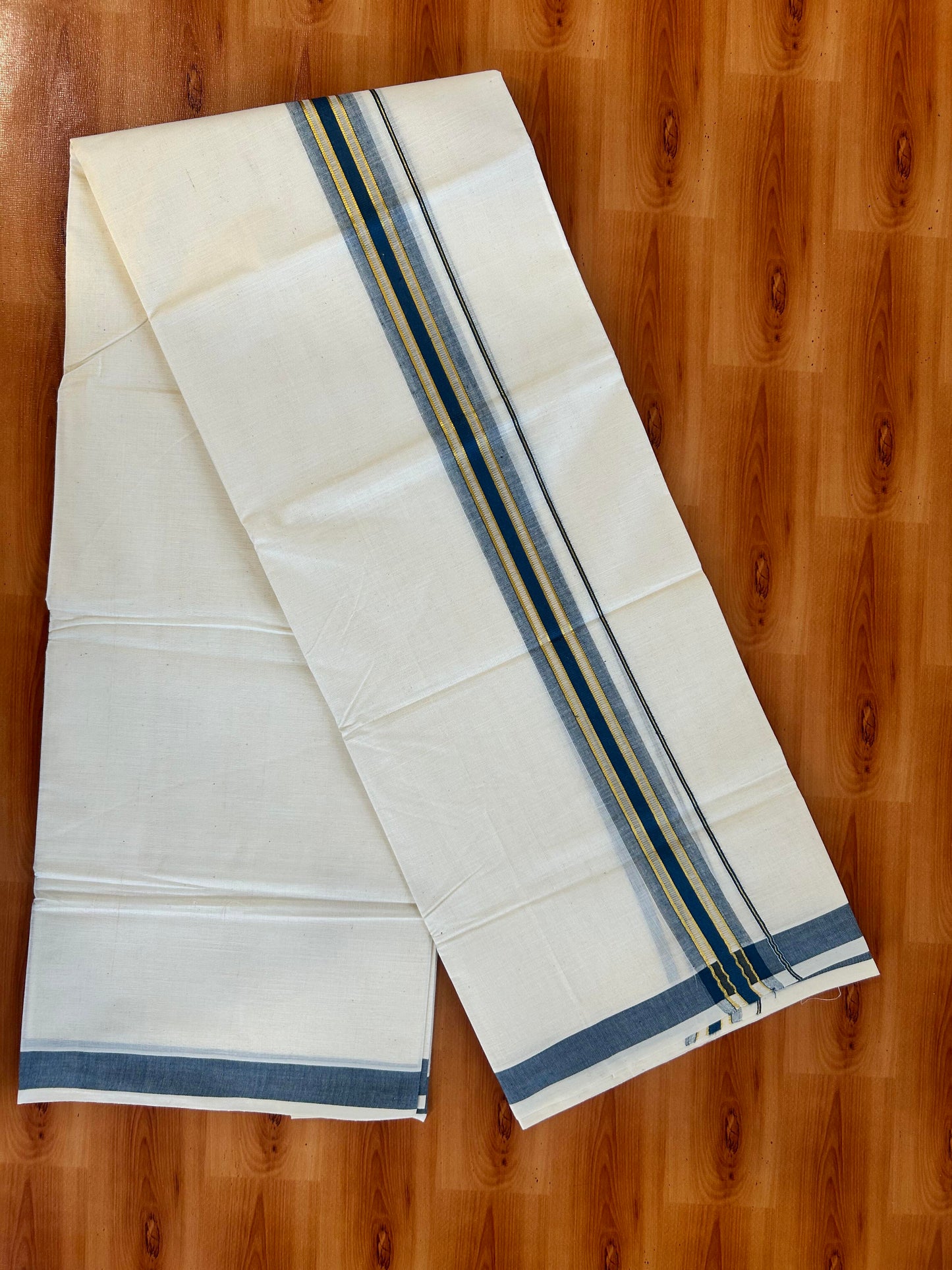 Double Off White - (Unbleached) Mundu/Dhoti - 20% Discount! KaithariKada Balaramapuram Mixed Cotton - 60s - 1.5 inch Gold Kasav & Tissue Dark Ash Blue Striped Kara - 4 mtr (8.5 Muzham) - 20 KK5413 GAN