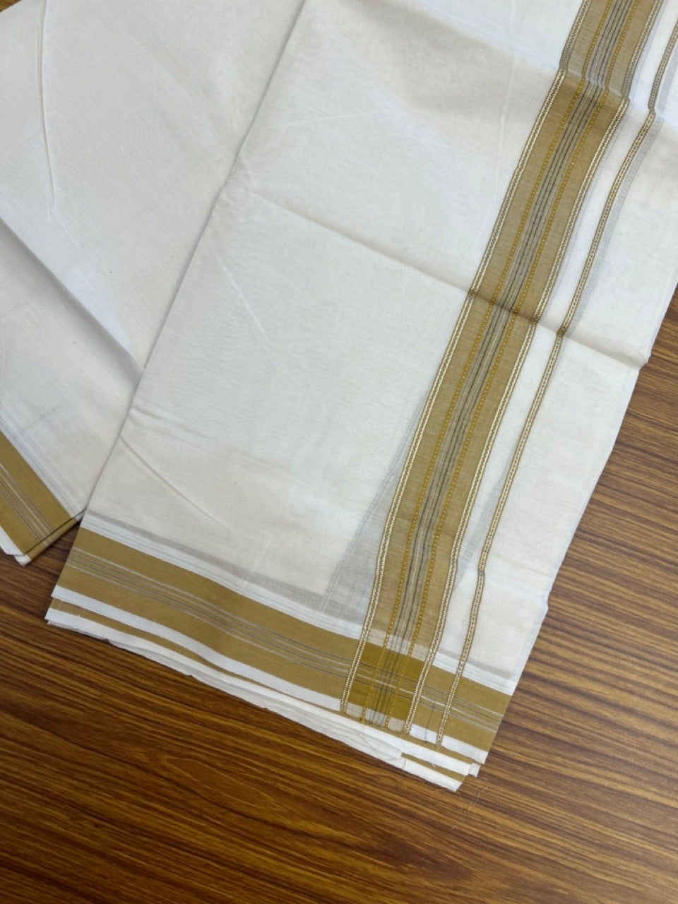 20% Discount ! Kaitharikada Balaramapuram 100% Cotton Off White Double Mundu/Dothi  - 100x80- 1.75 Inch Silver Kasav Mustard Yellow & Black Striped Kara - 4mtr (8.5muzham)- 14 KK5279 CKS