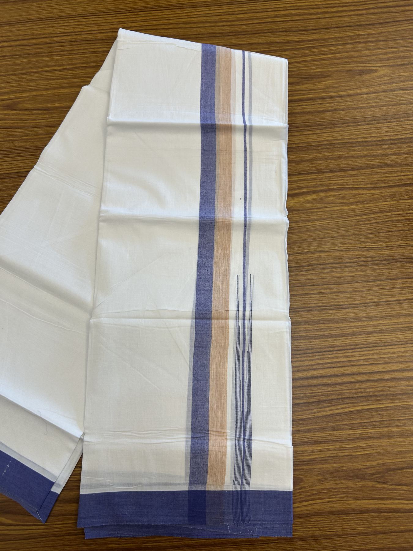 20% Discount ! Kaitharikada Balaramapuram 100% Pure Cotton Double Pure White Mundu/Dhoti - 100x80 - 1.25 inch Blue & Peach Orange Striped Shaded Chutty 3.90 mtr (8 muzham) - 22 KK5312 PMC