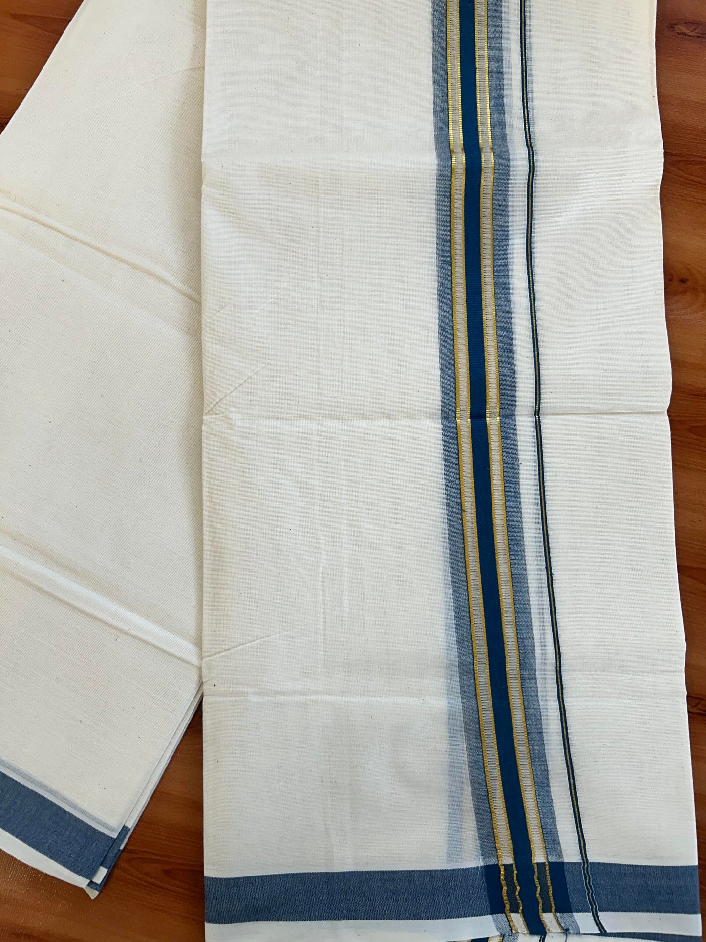 Double Off White - (Unbleached) Mundu/Dhoti - 20% Discount! KaithariKada Balaramapuram Mixed Cotton - 60s - 1.5 inch Gold Kasav & Tissue Dark Ash Blue Striped Kara - 4 mtr (8.5 Muzham) - 20 KK5413 GAN