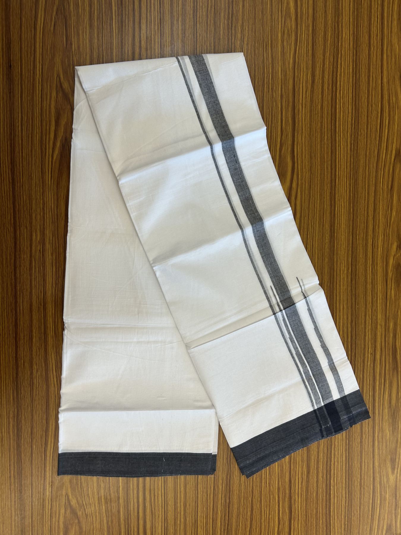 20% Discount ! Kaitharikada Balaramapuram 100% Pure Cotton Double Pure White Mundu/Dhoti - 100x80 - 1.75 inch Black Shaded Striped Chutty 3.90 mtr (8 muzham) - 28 KK5312 PMC