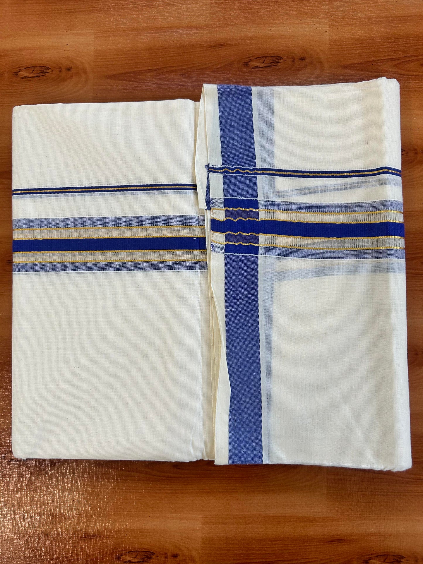 Double Off White - (Unbleached) Mundu/Dhoti - 20% Discount! KaithariKada Balaramapuram Mixed Cotton - 60s - 1.5 inch Gold Kasav & Tissue Violet Blue Striped Kara - 4 mtr (8.5 Muzham) - 25 KK5413 GAN
